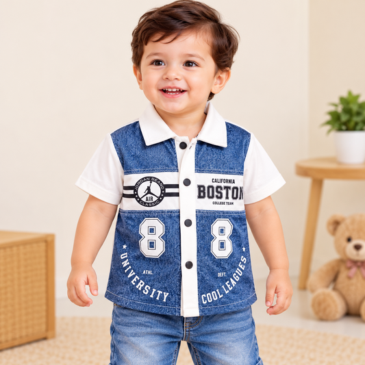 COOLEST boys white and blue varsity graphic shirt front view with button front and sporty number print