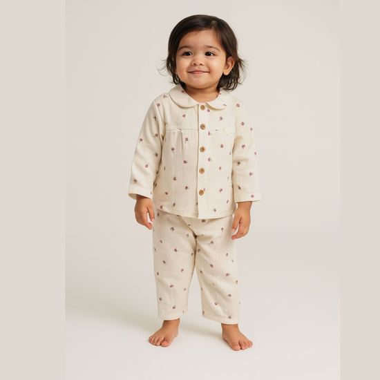 TOFFY HOUSE Girls’ Soft Cotton Night Suit – Cream Floral Print | Full Sleeve Shirt & Pajama Set | 9Months–3Years