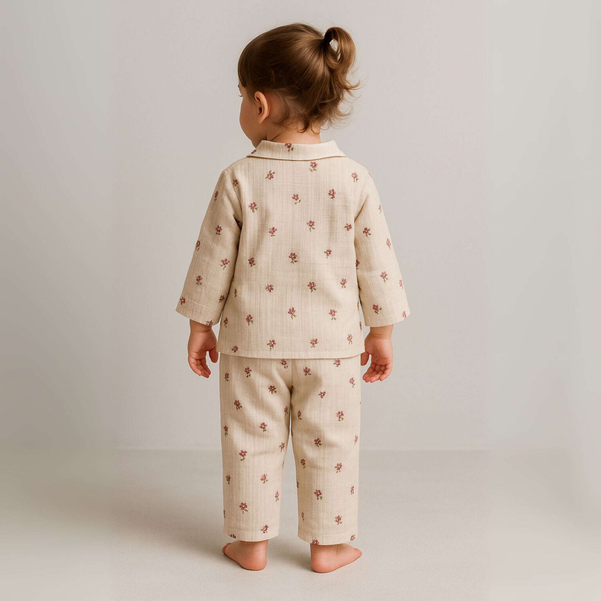 TOFFY HOUSE Girls’ Soft Cotton Night Suit – Cream Floral Print | Full Sleeve Shirt & Pajama Set | 9Months–3Years