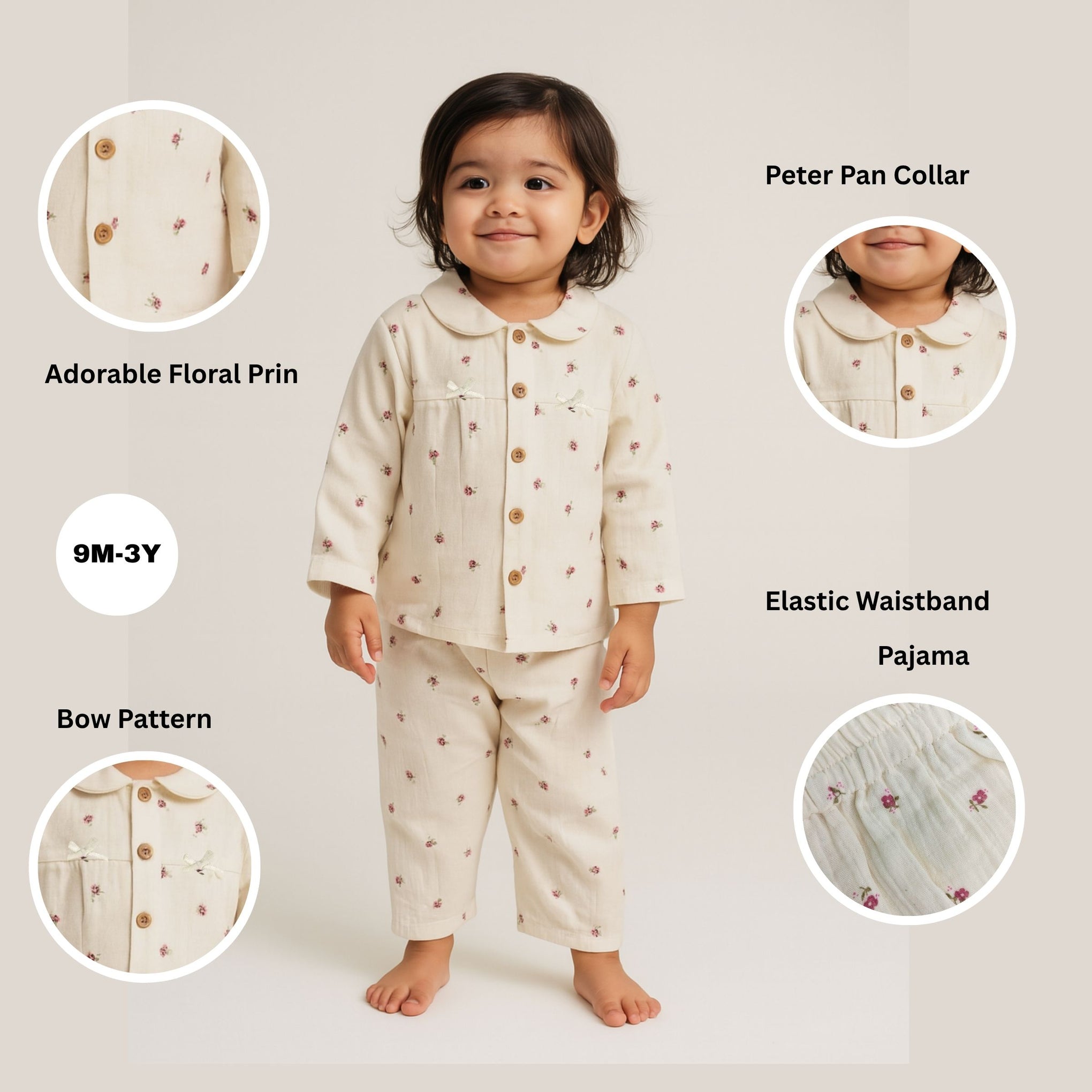 TOFFY HOUSE Girls’ Soft Cotton Night Suit – Cream Floral Print | Full Sleeve Shirt & Pajama Set | 9Months–3Years