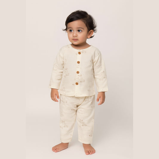 TOFFY HOUSE Soft Cotton Night Suit – Bunny Print | Full Sleeve | Wooden Look Buttons | Unisex |  9 Months – 3 Years