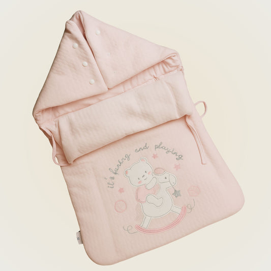 SMILE BABY Soft Sky Blue , pink & cream color's Baby Sleeping Bag – Quilted Cotton | Hooded Wrap with Teddy Bear Embroidery | Newborn to 6 Months | Cozy & Breathable