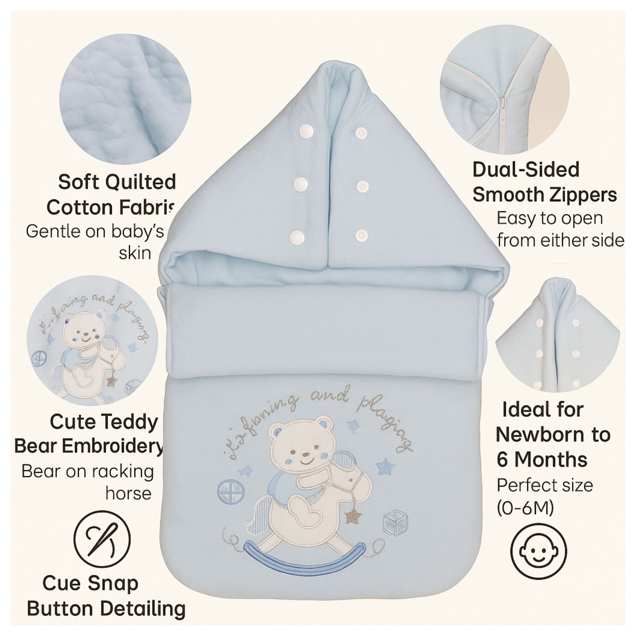 SMILE BABY Soft Sky Blue , pink & cream color's Baby Sleeping Bag – Quilted Cotton | Hooded Wrap with Teddy Bear Embroidery | Newborn to 6 Months | Cozy & Breathable