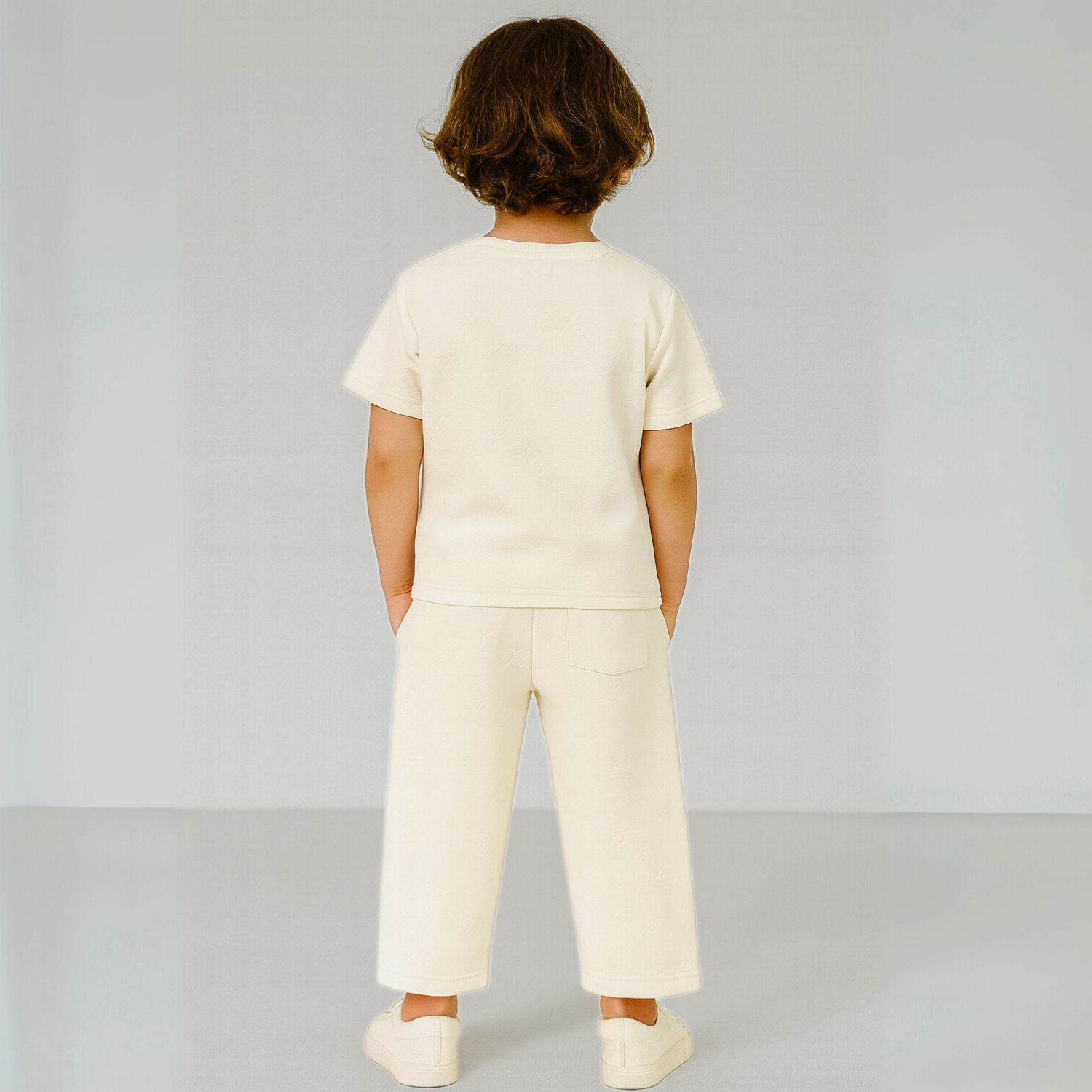 COOLEST Boys’ Track Suit – T-Shirt & Pant Set with Denim “Coolest” Patch | Ages 3–12 Years | Cream, Brown & Black