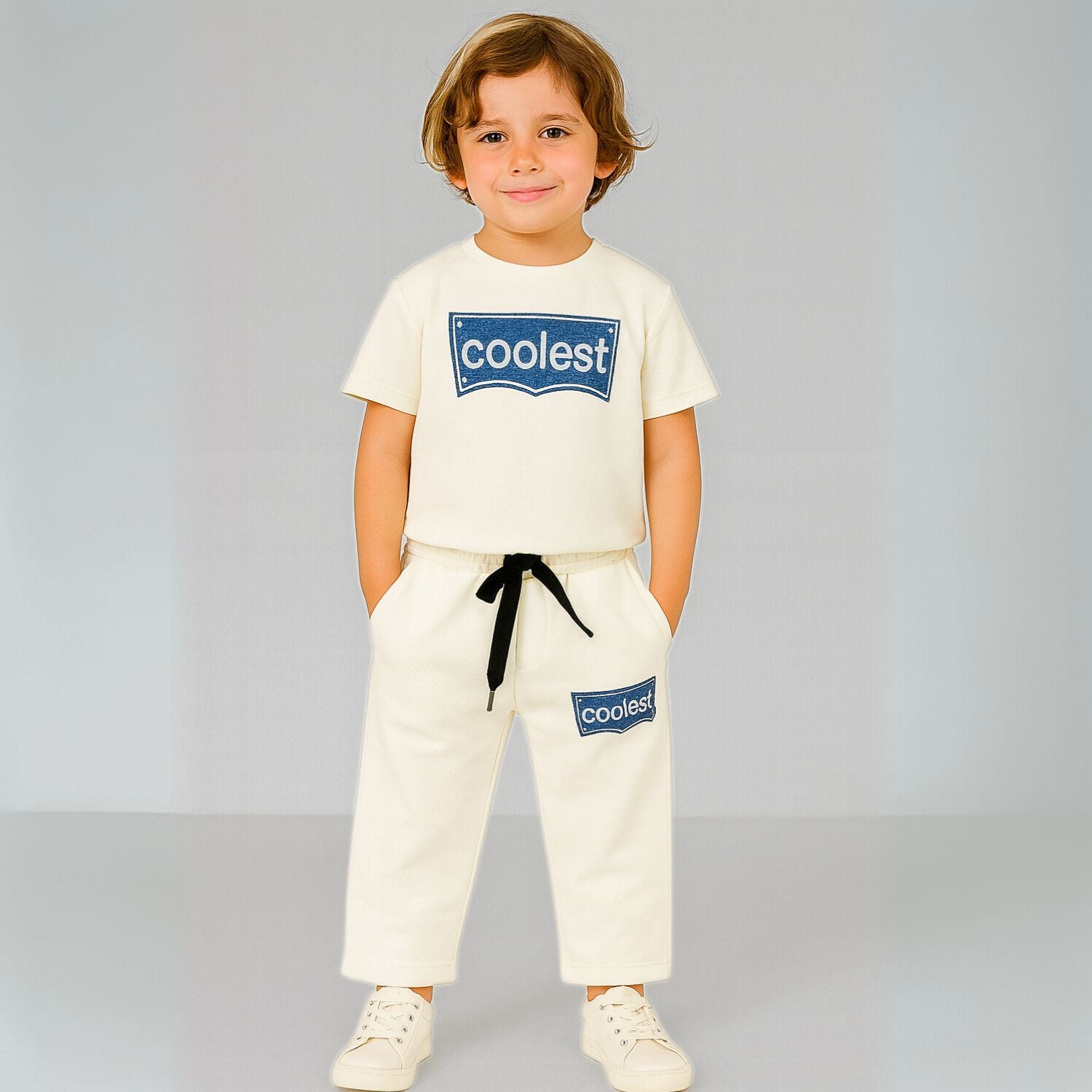 COOLEST Boys’ Track Suit – T-Shirt & Pant Set with Denim “Coolest” Patch | Ages 3–12 Years | Cream, Brown & Black