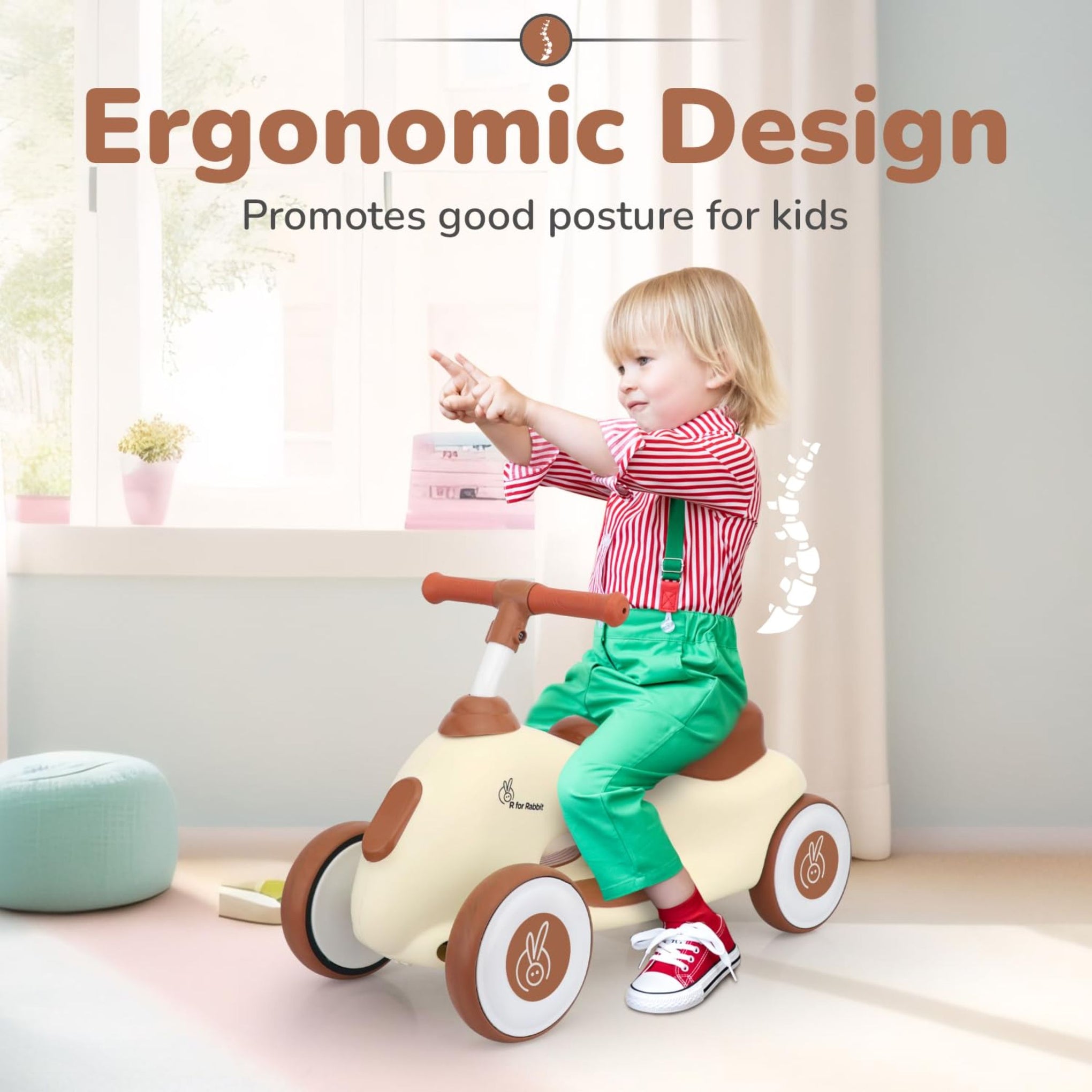 R for Rabbit Speedster Zoomy Push Ride-On for Baby, Wide TPE Wheels with Ergonomic & Comfortable Seat, Non Slip Footrest for 1 to 4 Years Kids, 20 Kgs Weight Capacity (Cream Brown)