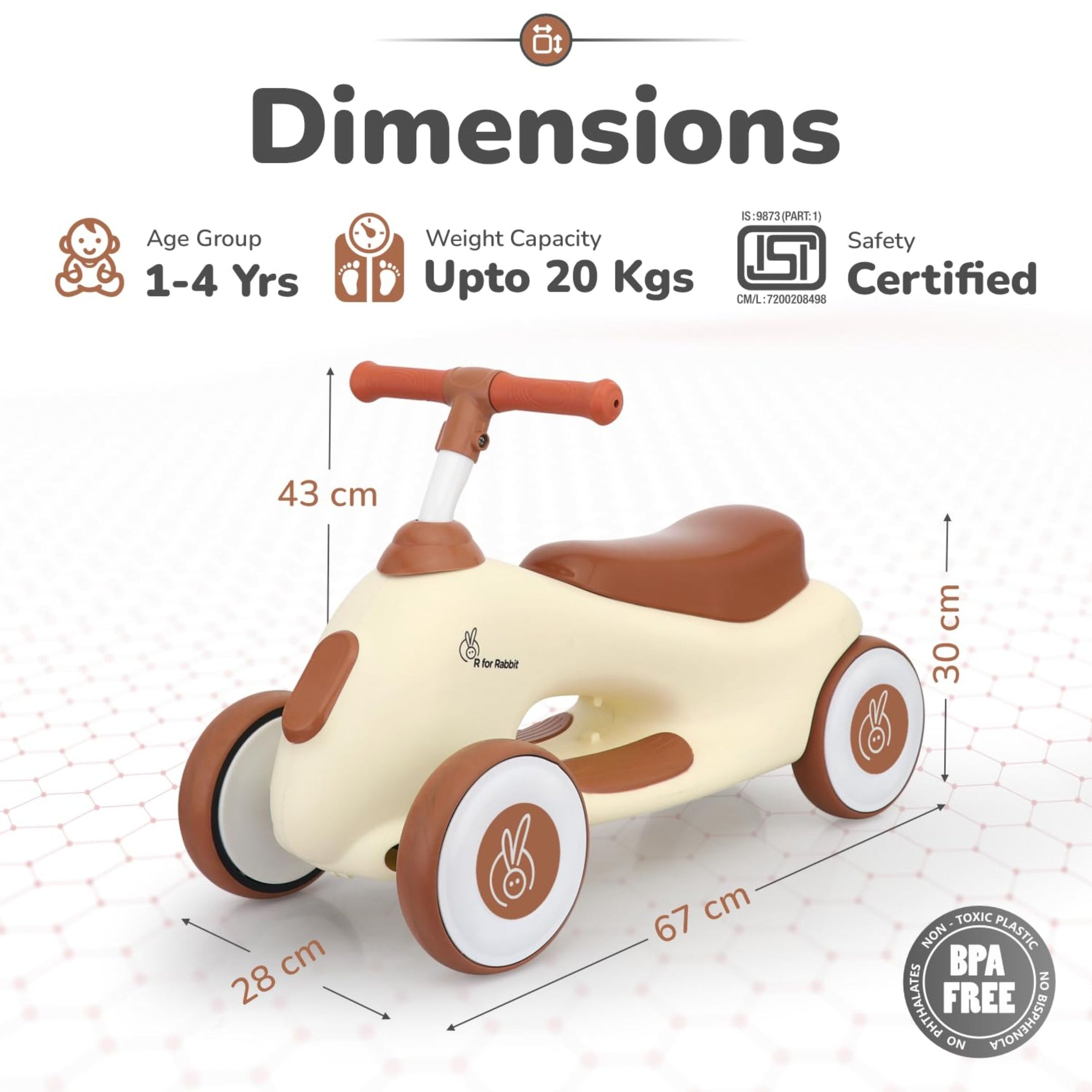 R for Rabbit Speedster Zoomy Push Ride-On for Baby, Wide TPE Wheels with Ergonomic & Comfortable Seat, Non Slip Footrest for 1 to 4 Years Kids, 20 Kgs Weight Capacity (Cream Brown)