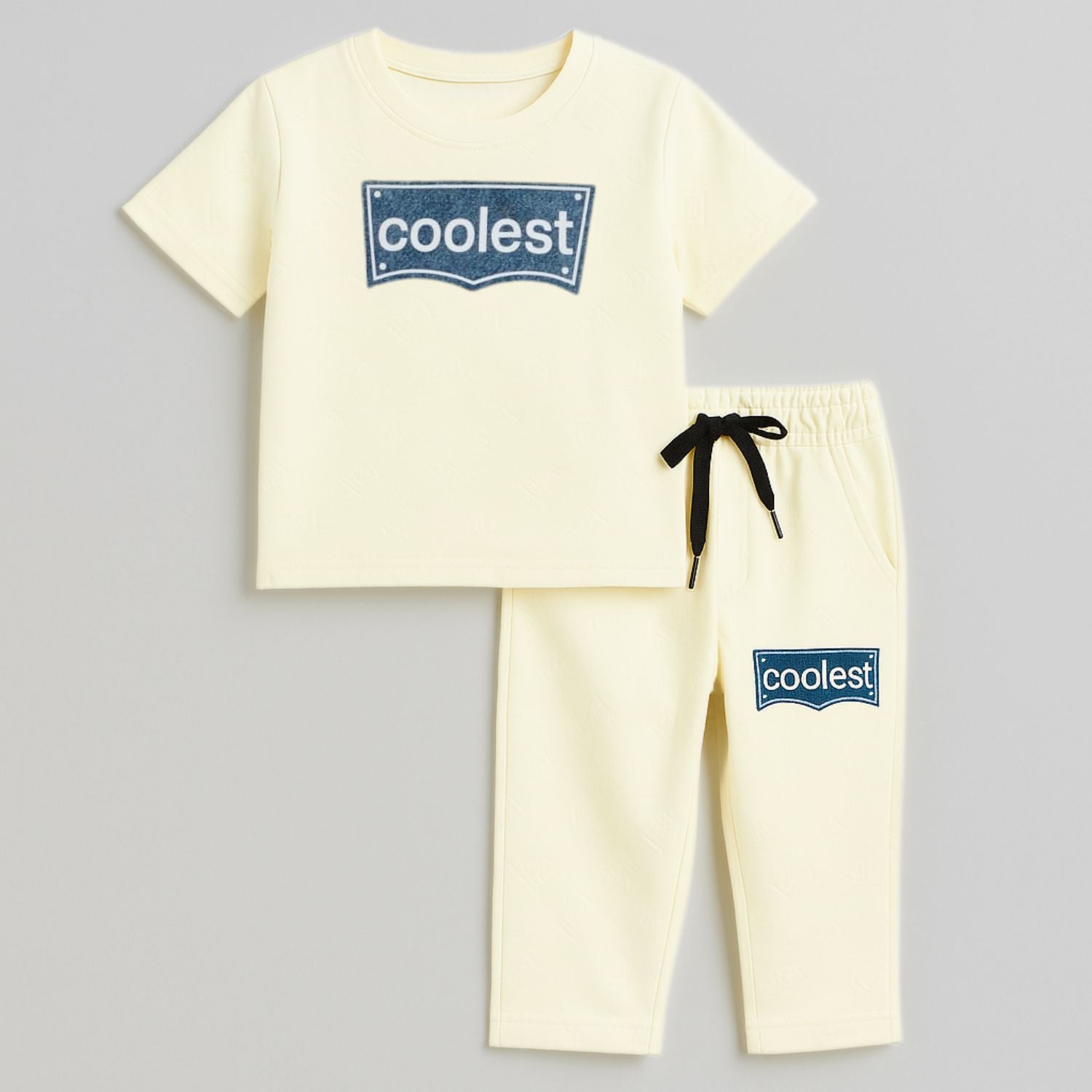 COOLEST Boys’ Track Suit – T-Shirt & Pant Set with Denim “Coolest” Patch | Ages 3–12 Years | Cream, Brown & Black