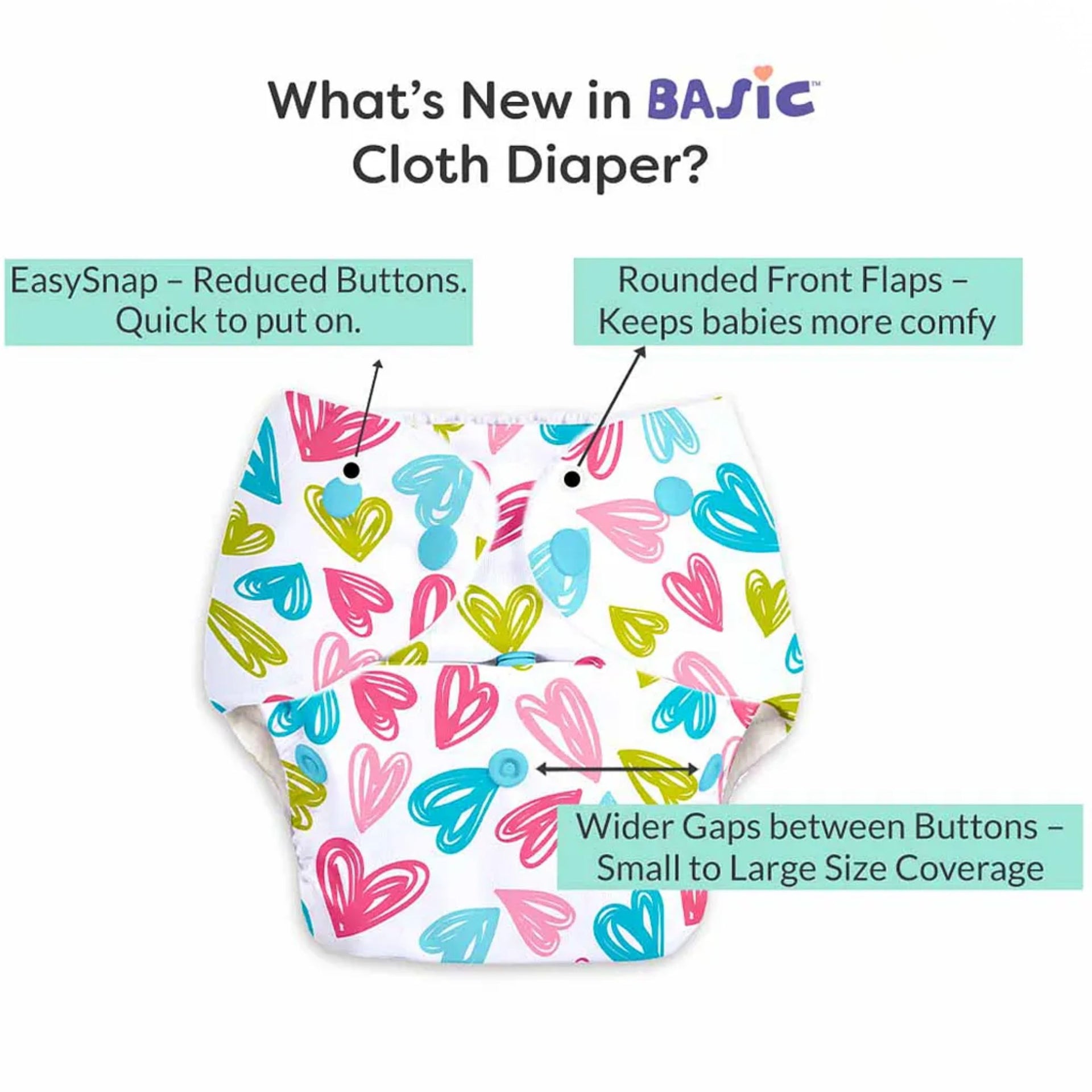 Super Bottoms Basic Reusable Cloth Diaper Hearts Print- Multicolor