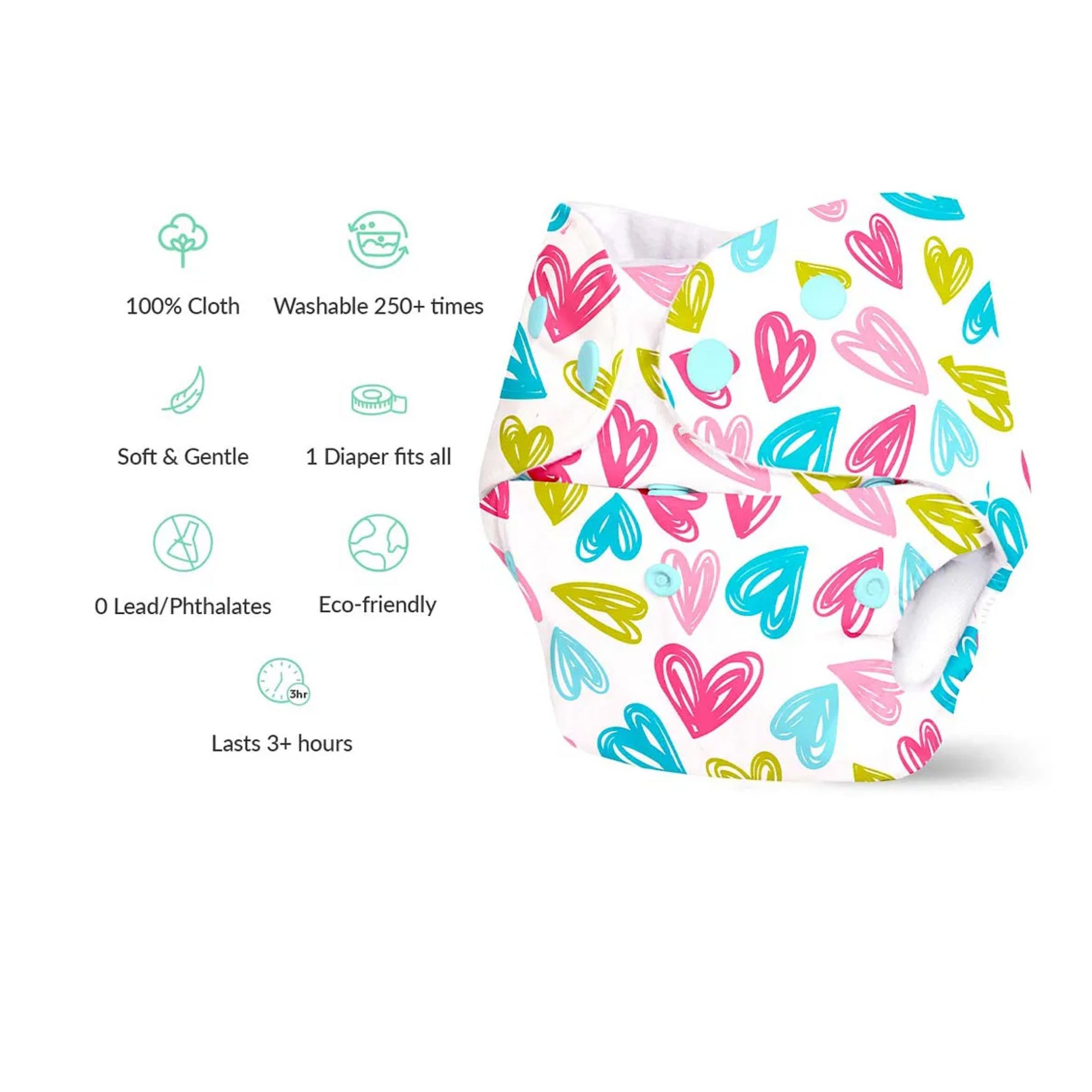 Super Bottoms Basic Reusable Cloth Diaper Hearts Print- Multicolor