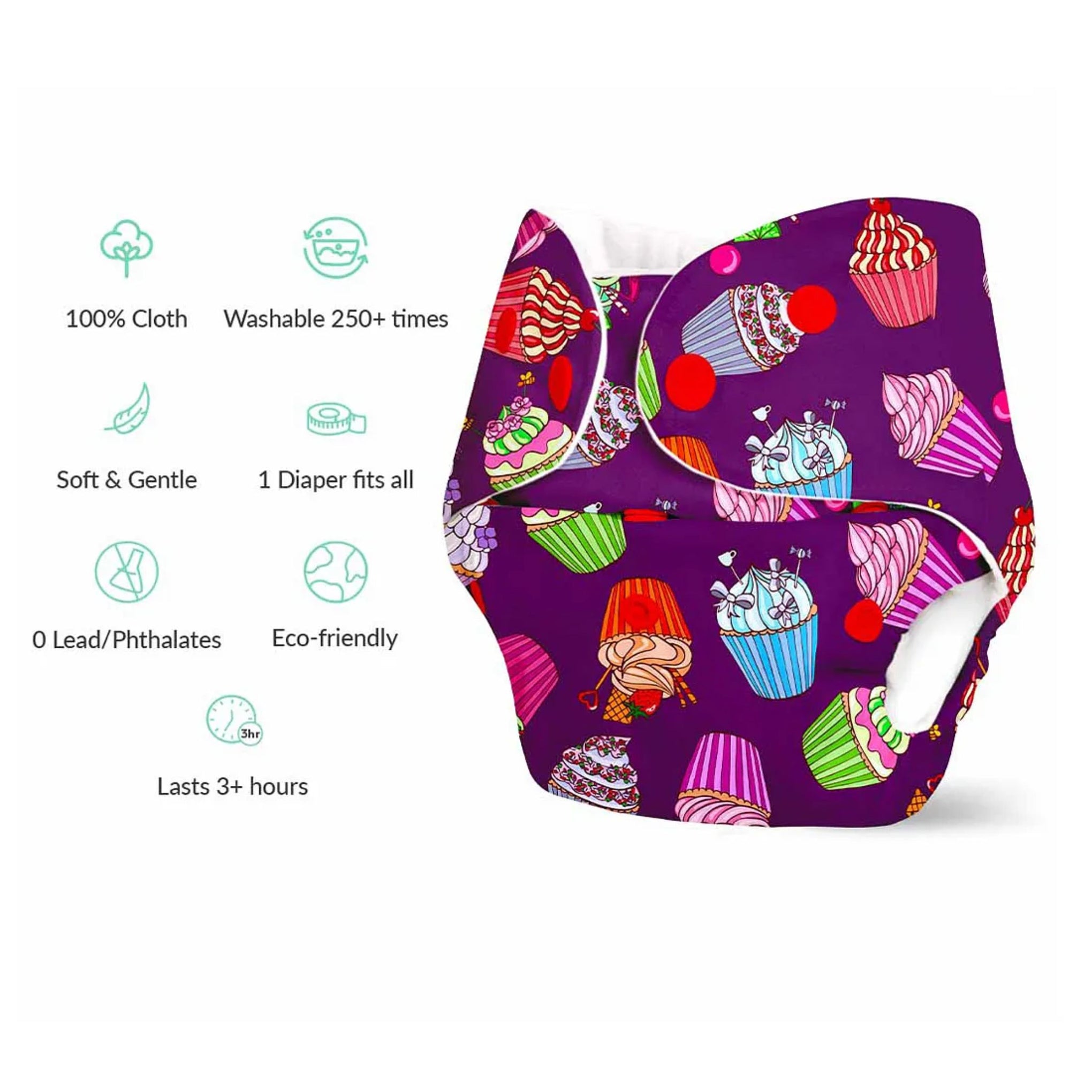 SuperBottoms Super Bottoms Basic Reusable Cloth Diaper Cupcake Print- Multicolor