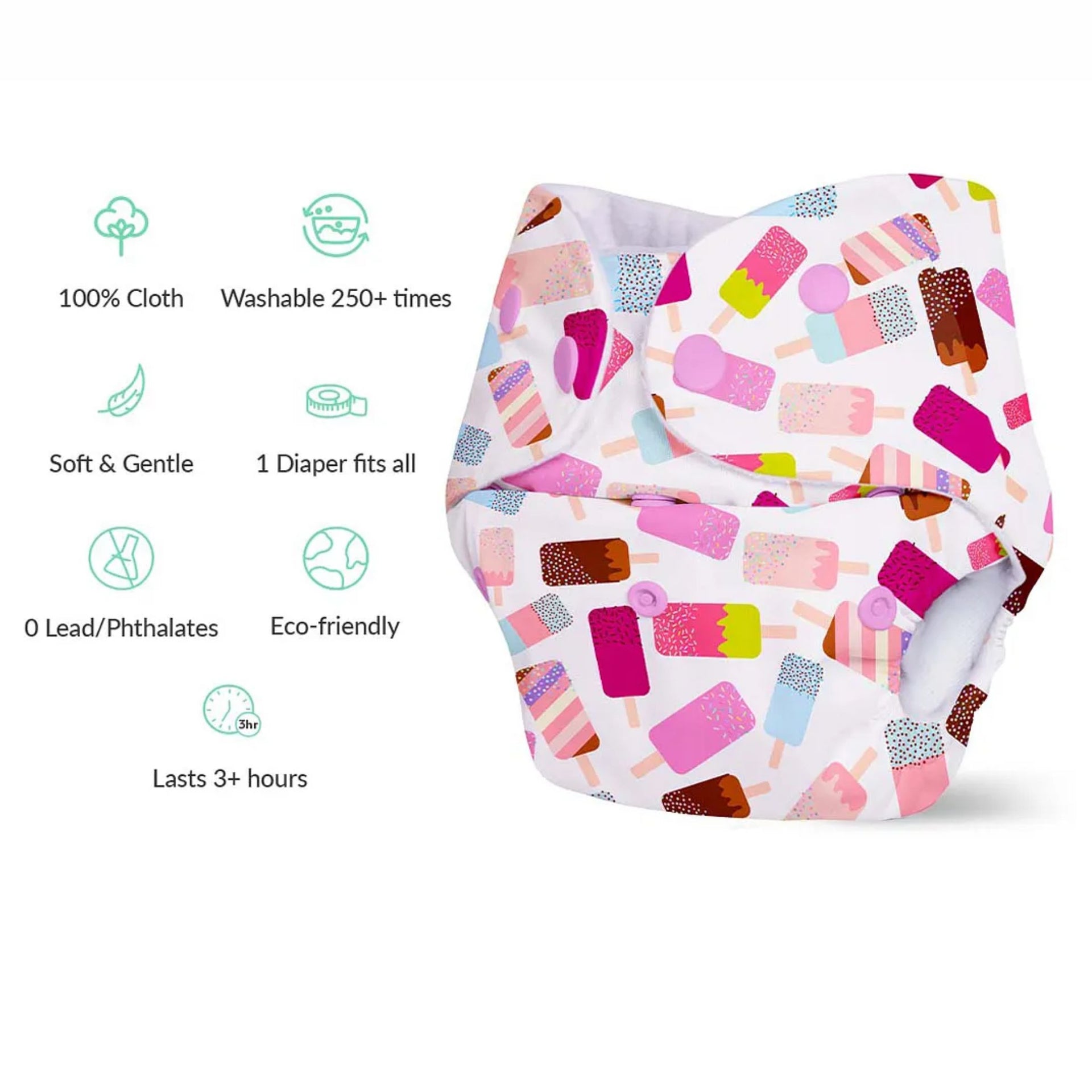 SUPER BOTTOMS Newborn Cloth Diaper – Soft Cotton, Adjustable White Buttons, Ice Cream Print (Reusable)