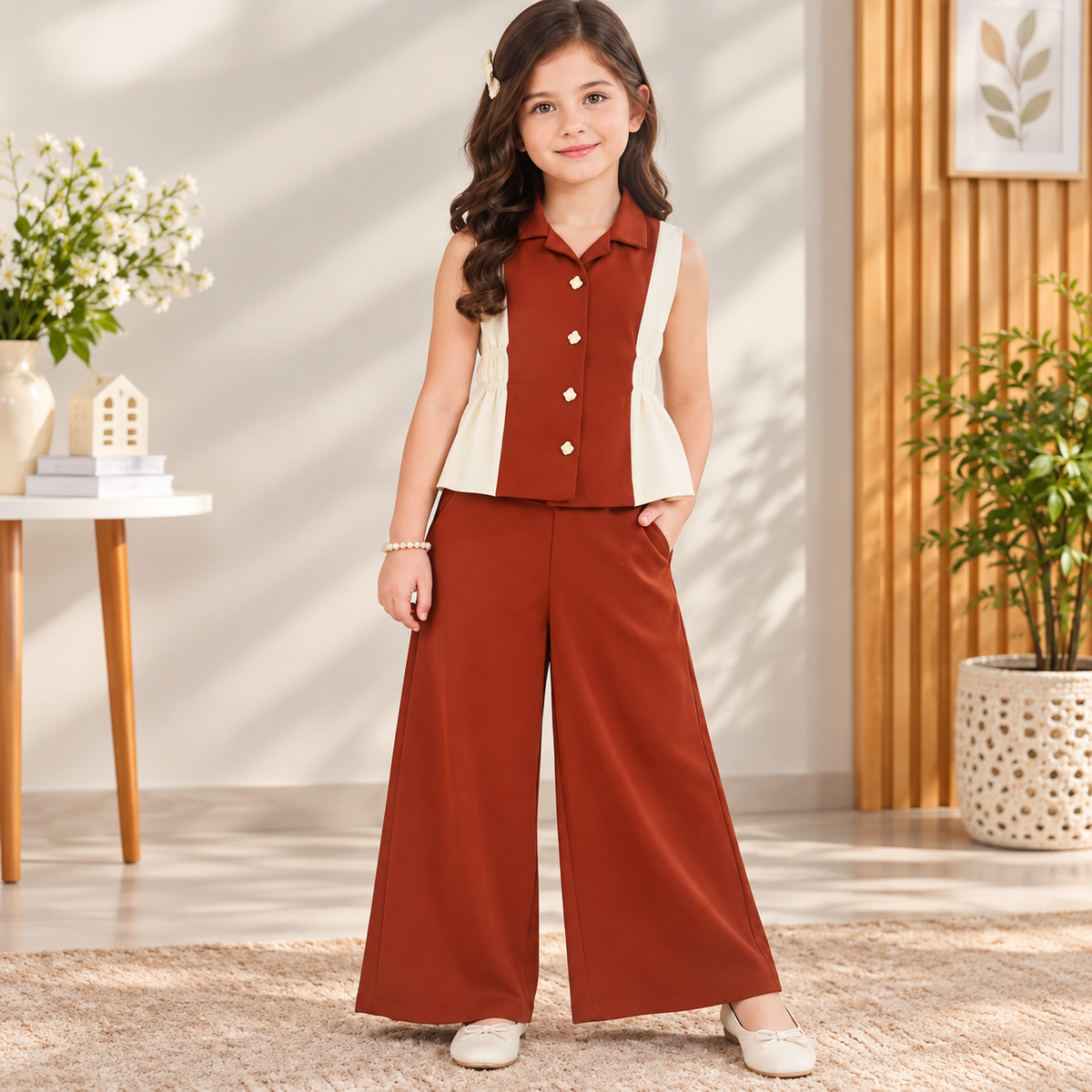 SMILE BABY Girls Premium Sleeveless Collared Top & Wide-Leg Pants Co-Ord Set 