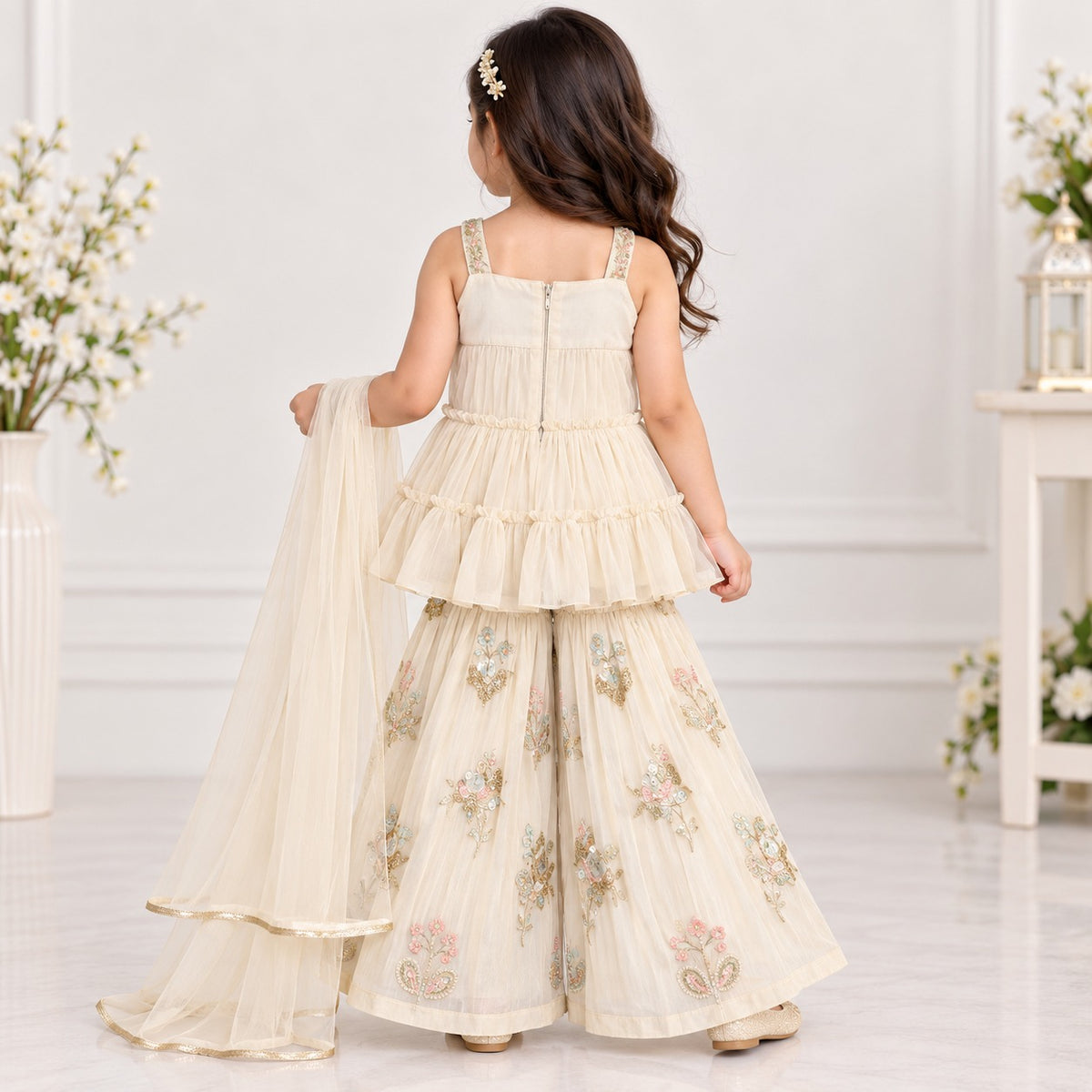 Doll girls cream embroidered sharara set front view with dupatta