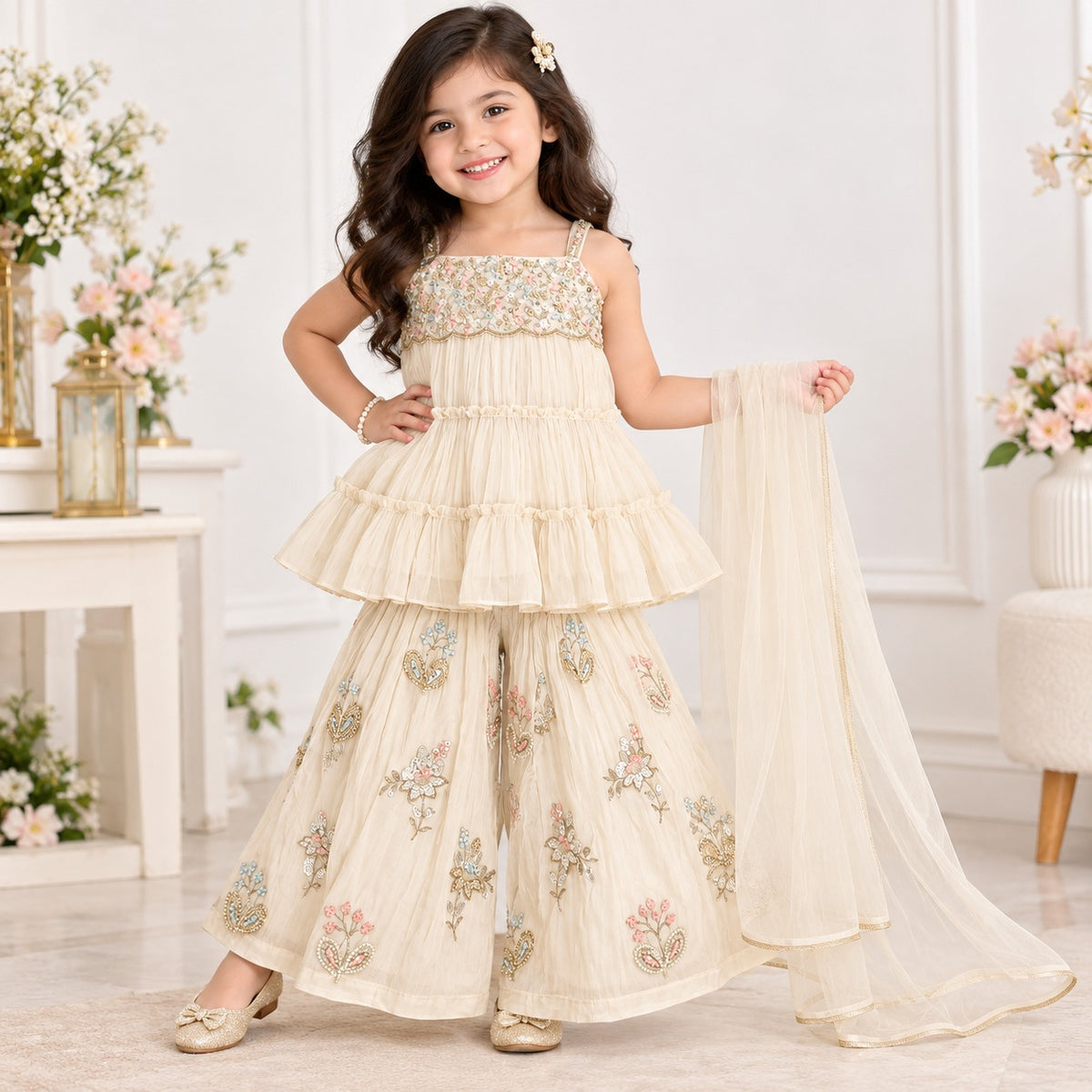 Doll girls cream embroidered sharara set back view with dupatta