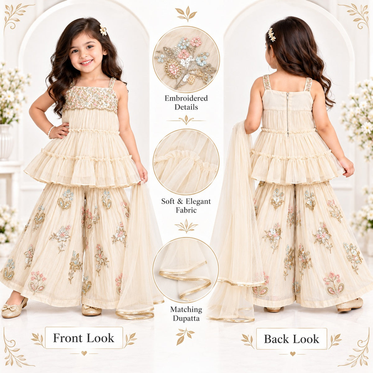 Doll girls cream sharara set front and back with embroidered detail infographic
