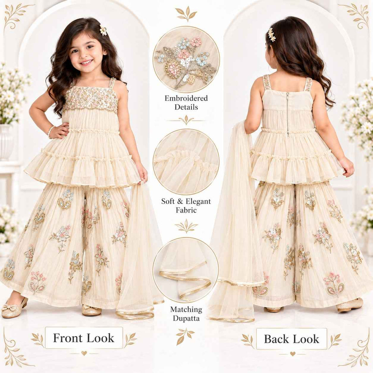 Doll Girls Cream Embroidered Sharara Set with Dupatta - SMILE BABY