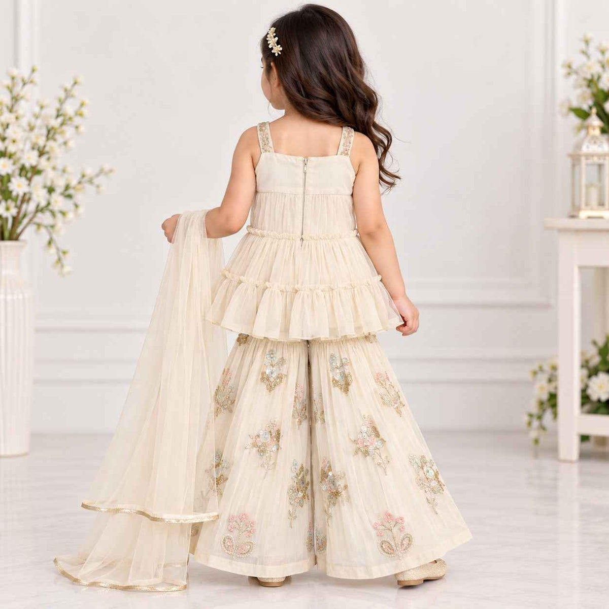 Doll Girls Cream Embroidered Sharara Set with Dupatta - SMILE BABY