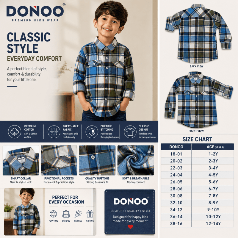 DONOO Boys Checked Full Sleeve Casual Shirt | Blue & Olive Plaid Shirt for Kids | Stylish Cotton Shirt - SMILE BABY