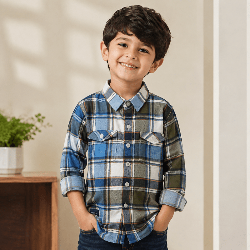 DONOO Boys Checked Full Sleeve Casual Shirt | Blue & Olive Plaid Shirt for Kids | Stylish Cotton Shirt - SMILE BABY