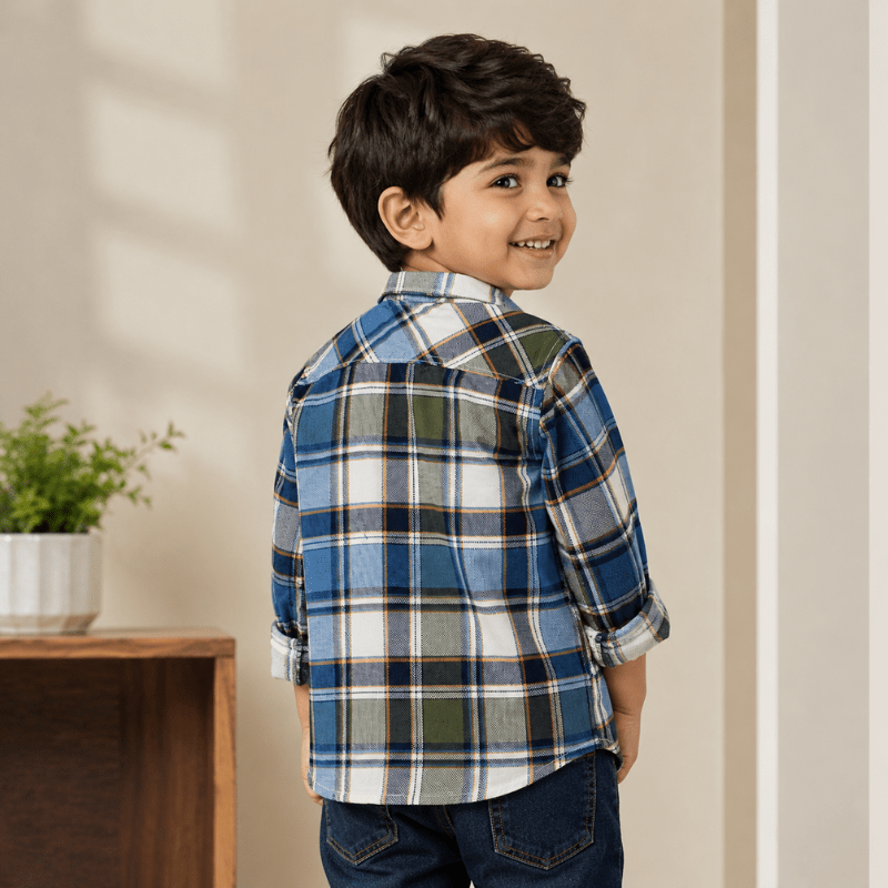 DONOO Boys Checked Full Sleeve Casual Shirt | Blue & Olive Plaid Shirt for Kids | Stylish Cotton Shirt - SMILE BABY