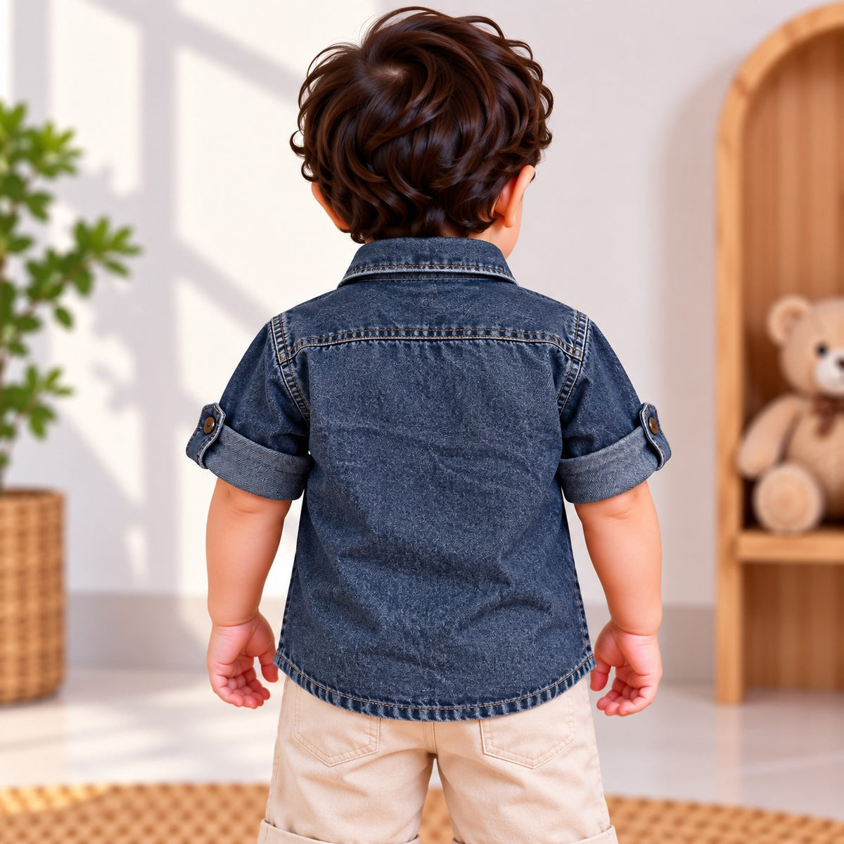 DONOO boys dark blue denim-look shirt back view showing stitching and roll-up sleeves