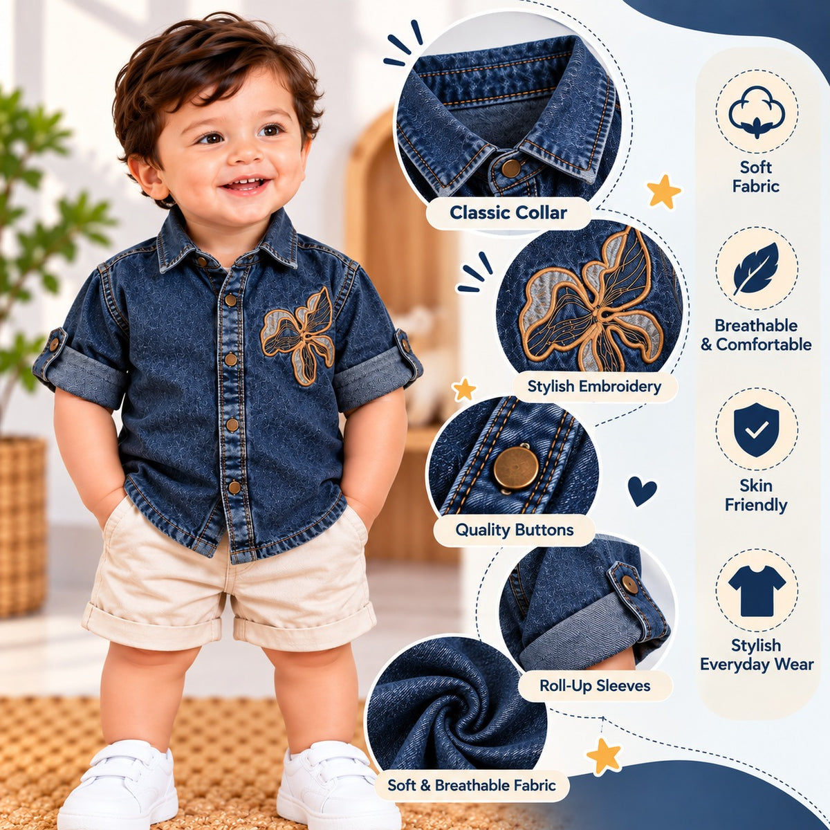 DONOO boys denim-look shirt feature infographic showing collar, floral embroidery, buttons and roll-up sleeves