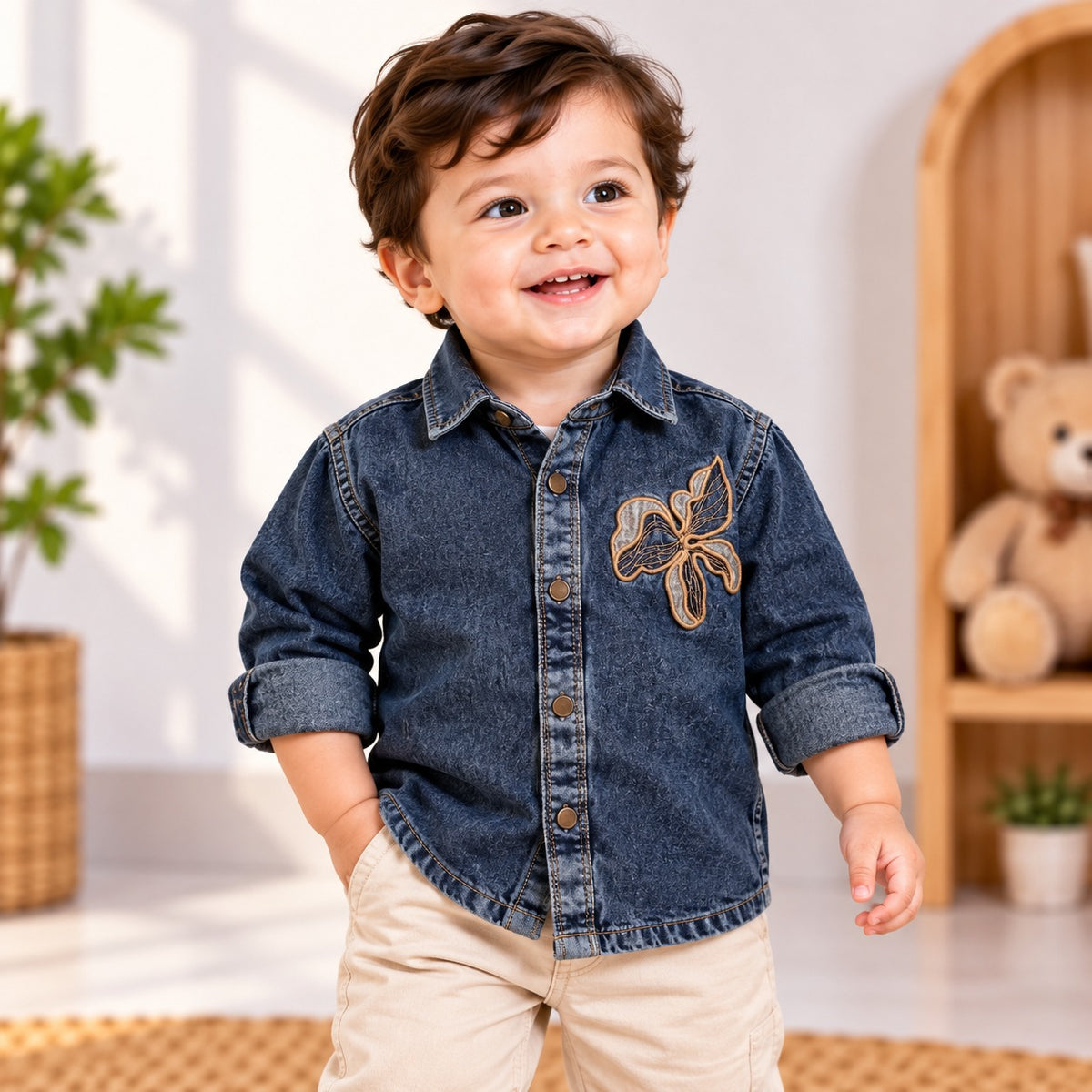 DONOO boys dark blue denim-look shirt with floral embroidery, button front and roll-up sleeves