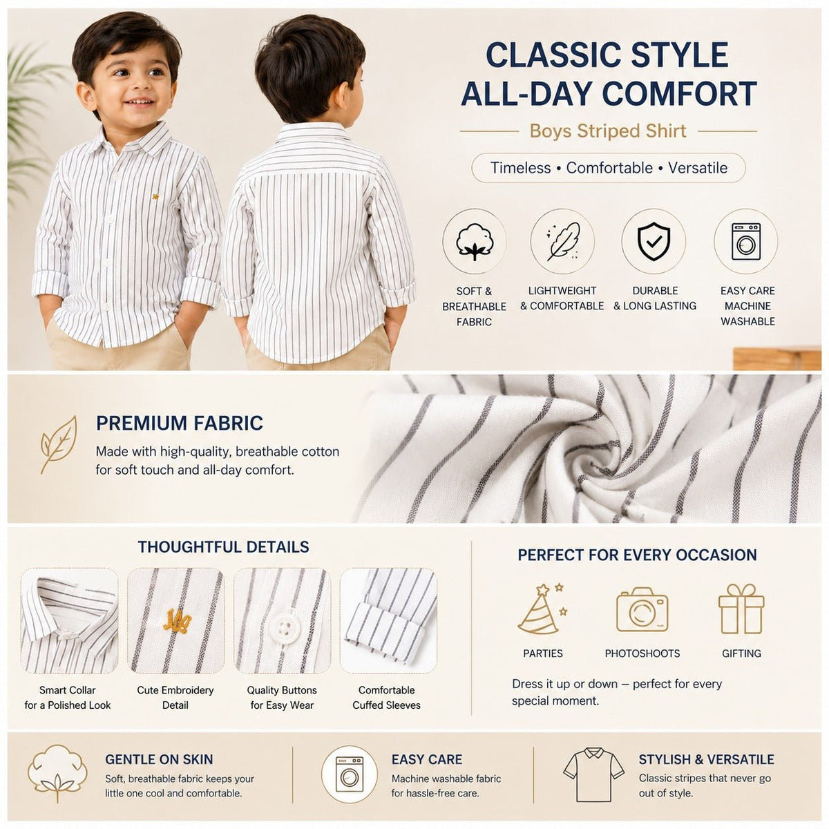 DONOO Boys Green & White Striped Shirt | Full Sleeve Shirt 18M–14Y - SMILE BABY