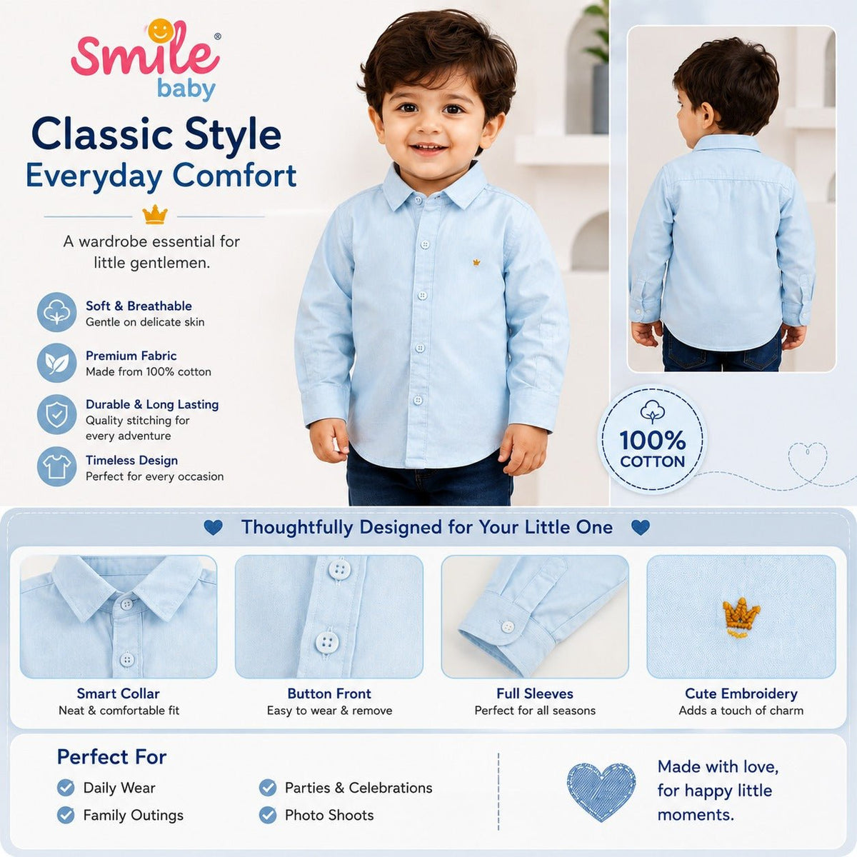 DONOO Boys Sky Blue Cotton Shirt | Full Sleeve Shirt for 18M–14Y - SMILE BABY