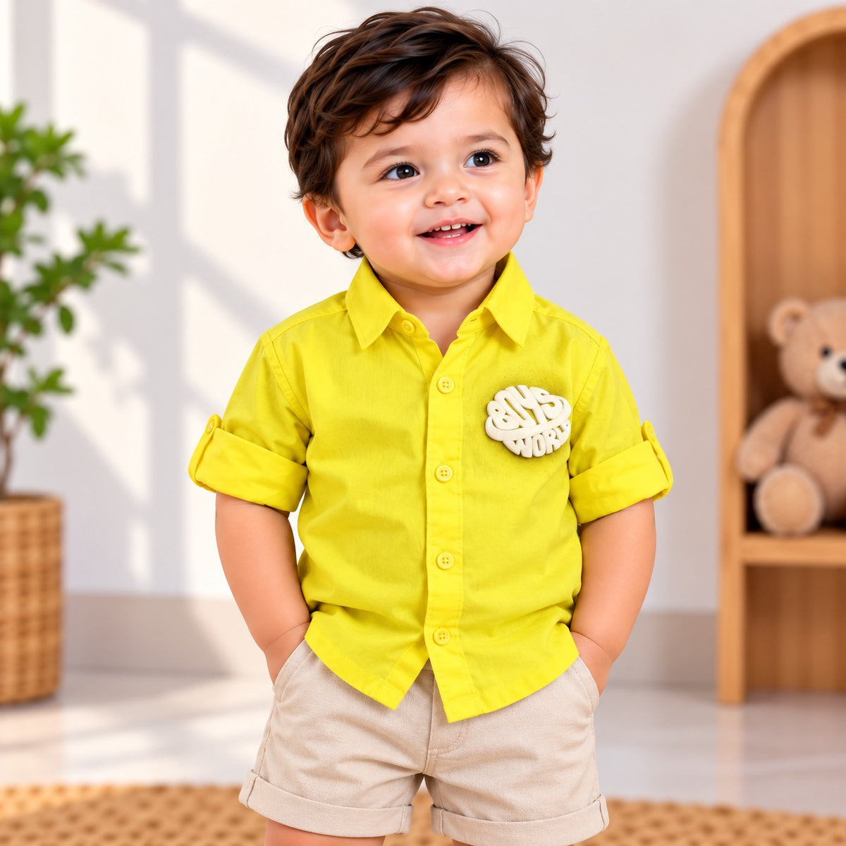 DONOO yellow boys shirt front view with 3D Boys World patch