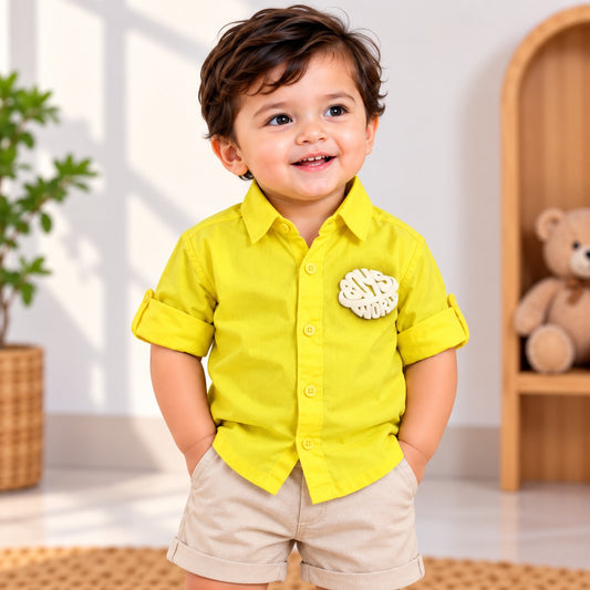 DONOO yellow boys shirt front view with 3D Boys World patch