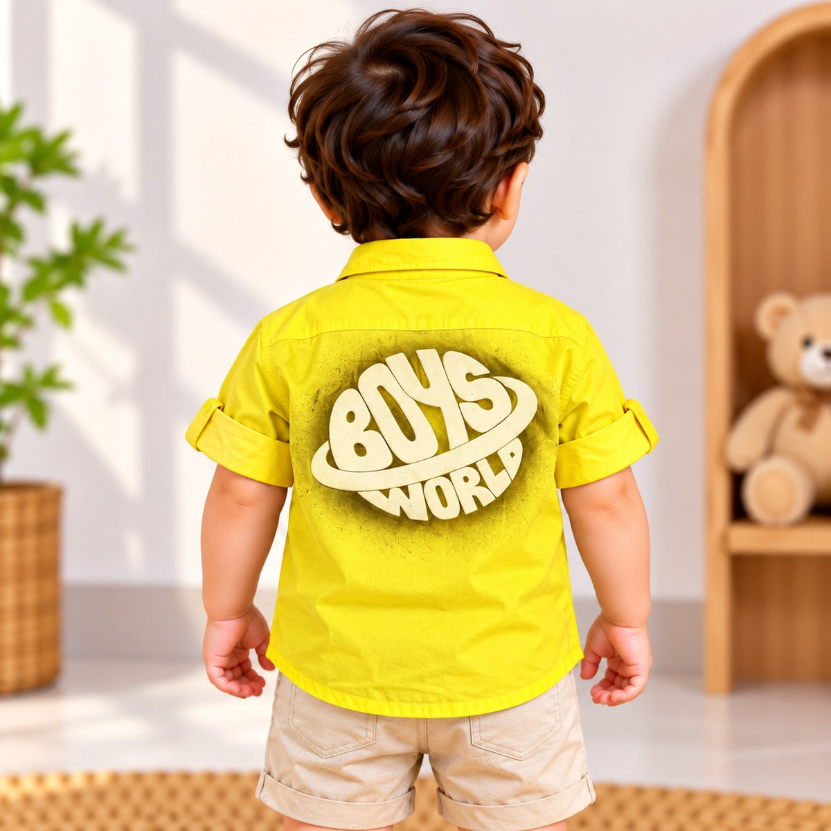 DONOO yellow boys shirt back view with large Boys World patch