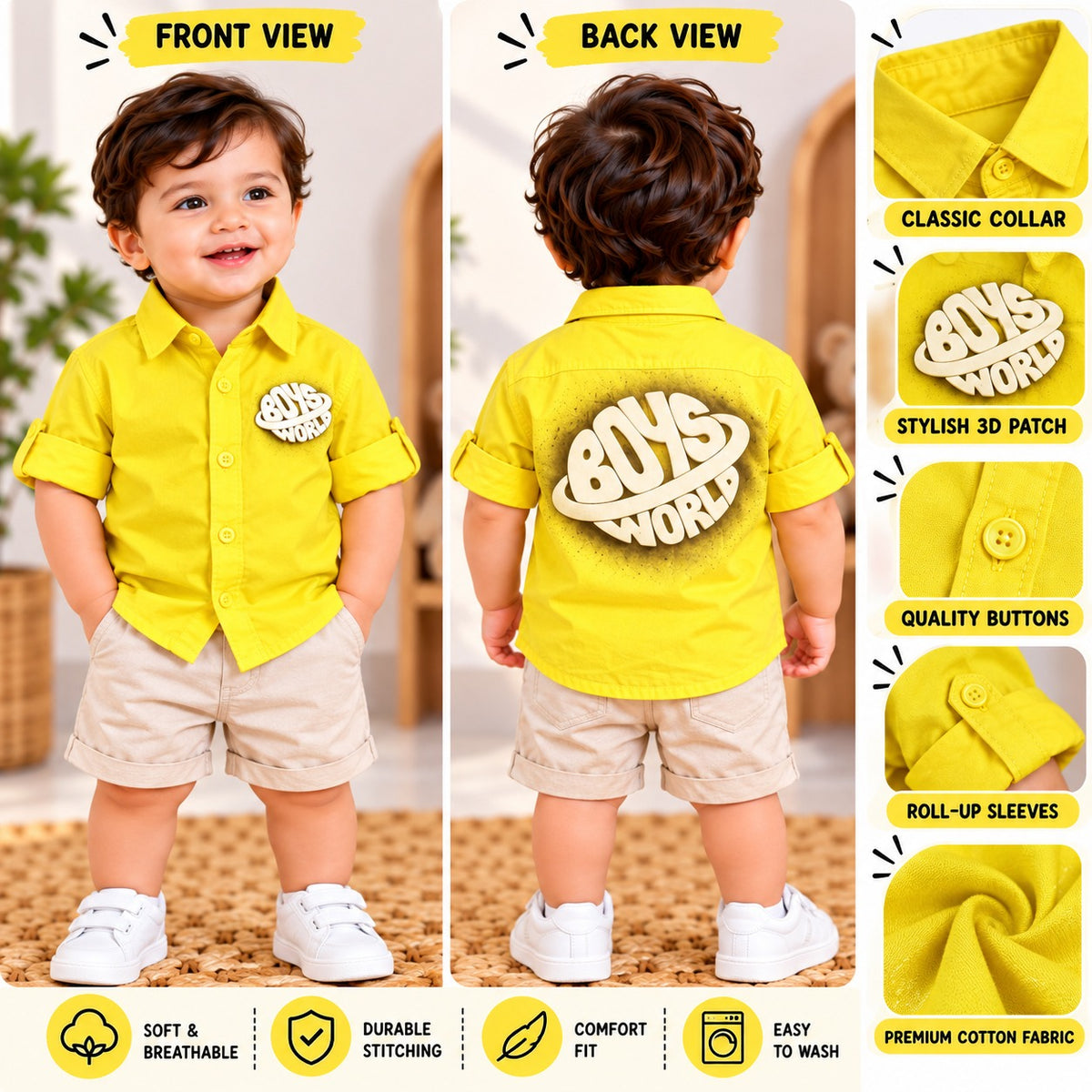 DONOO yellow boys shirt front and back product details infographic