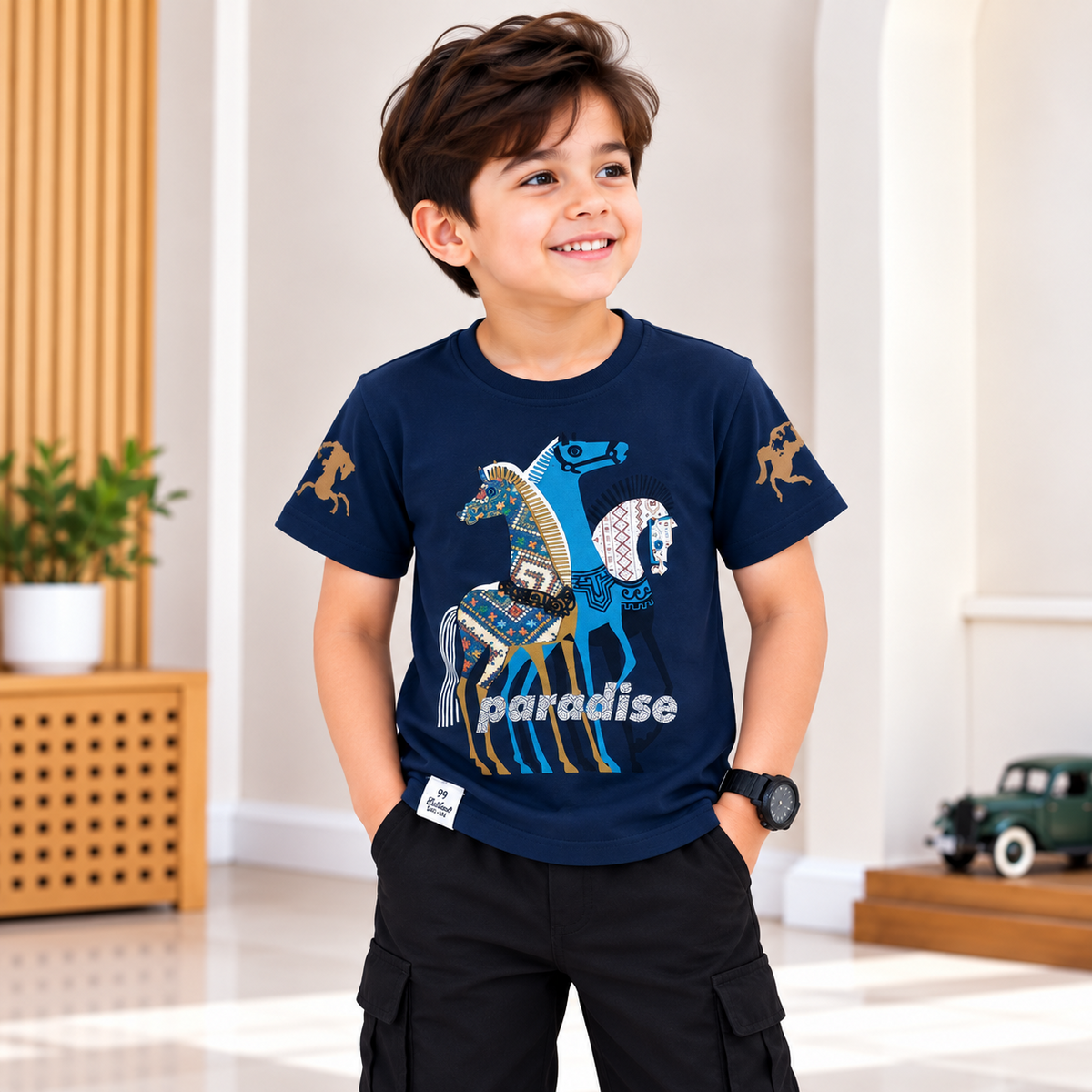 99 BALLON boys navy graphic horse paradise T-shirt front photoshoot