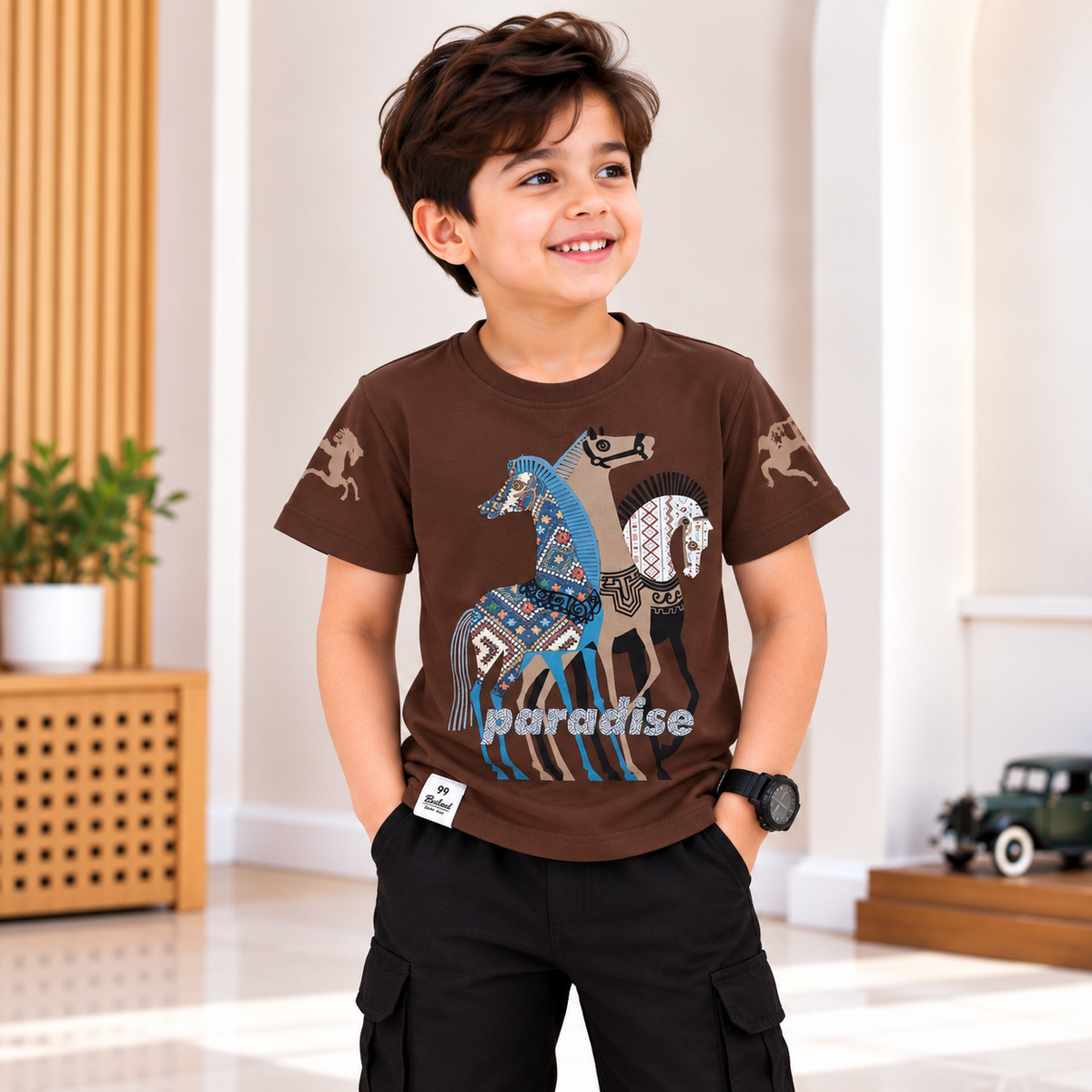 99 BALLON boys brown graphic horse paradise T-shirt front photoshoot