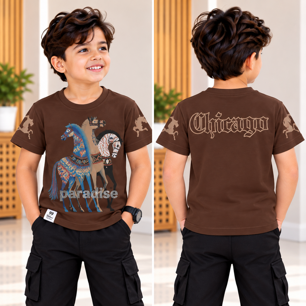 99 BALLON boys brown horse paradise T-shirt front and back photoshoot