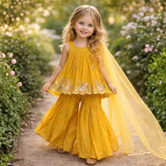 DOLL Girls Yellow Sharara Suit with Dupatta | Festive Ethnic Wear for Girls (12 Months – 12 Years)