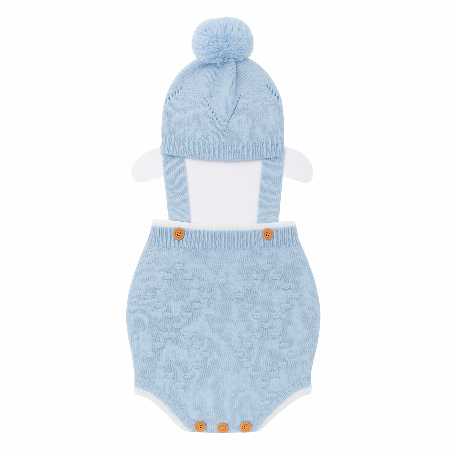 Smile Baby Knitted Dangri Style Romper & Beanie Set – Brown, Blue, White & Pink | Soft Wool | 0–6 Months
