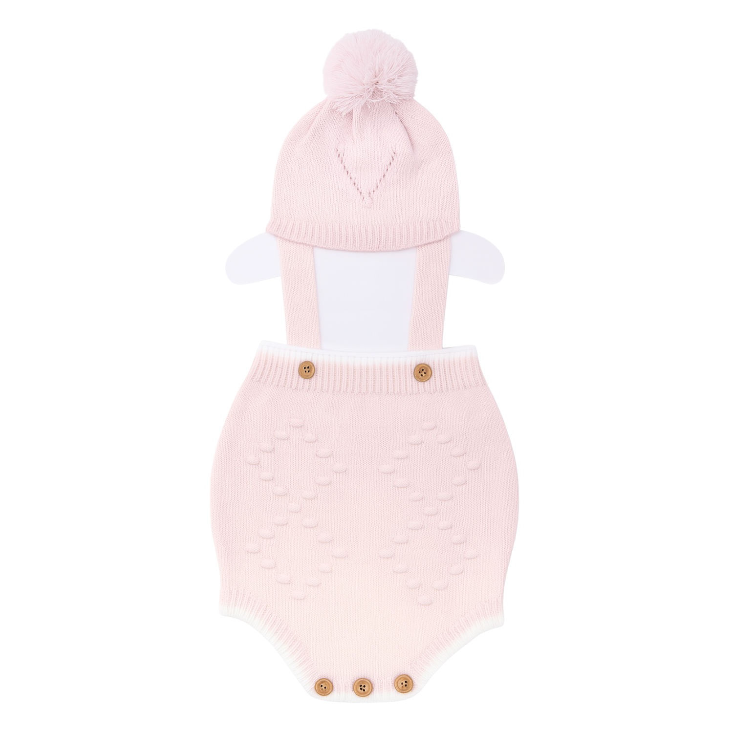 Smile Baby Knitted Dangri Style Romper & Beanie Set – Brown, Blue, White & Pink | Soft Wool | 0–6 Months