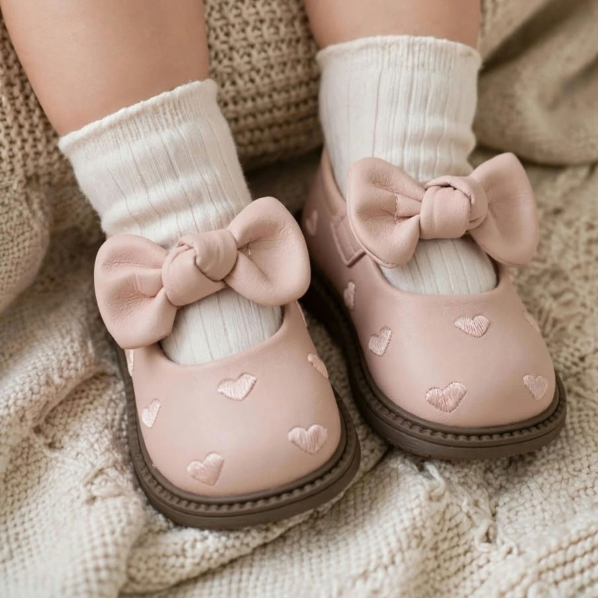 Smile Baby light pink heart embroidered baby girl shoes with bow worn view
