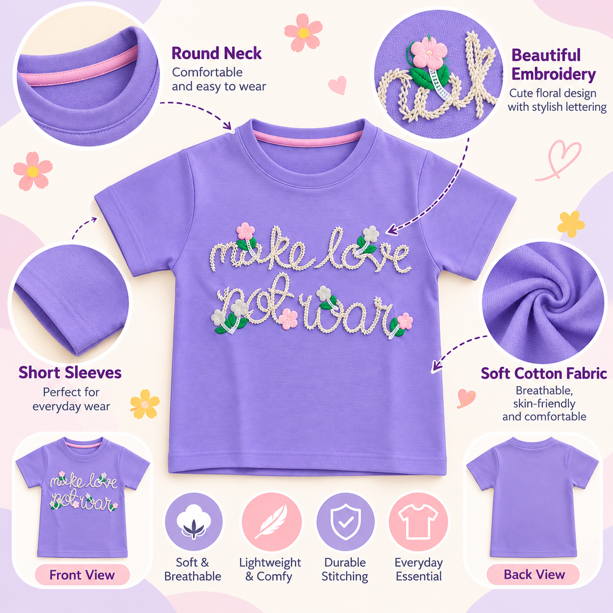 Smile Baby Girls Lavender Floral Embroidered Half Sleeve T-Shirt 