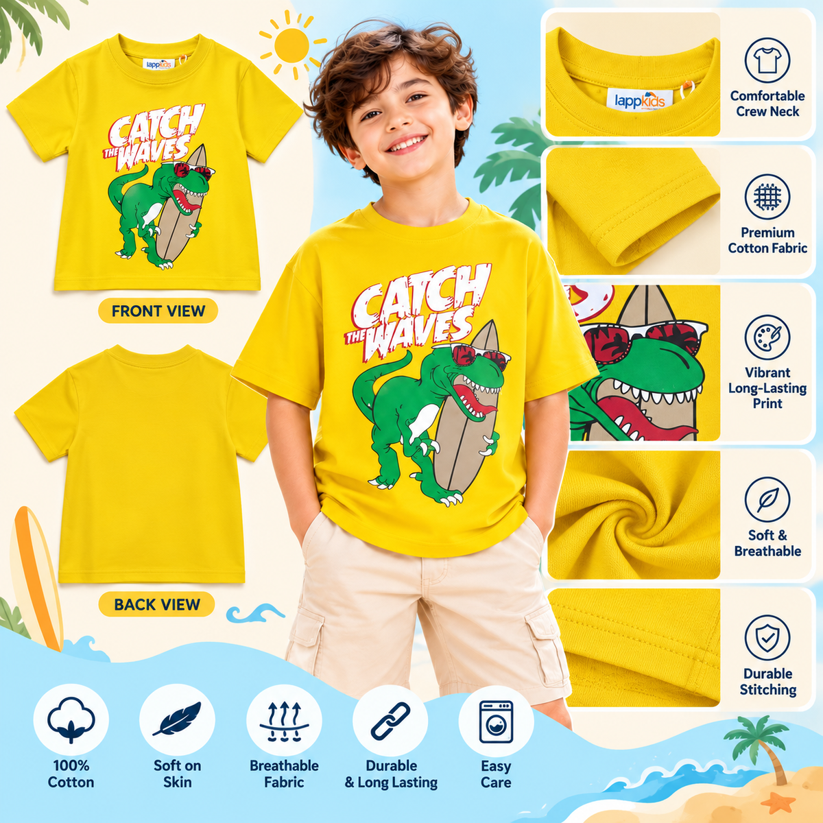 Smile Baby Kids Dinosaur Graphic Oversized T-Shirt – Green, Yellow & Orange 