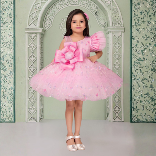 Smile Baby Pink One-Shoulder Big Bow Party Dress for Girls (1–4 Years)