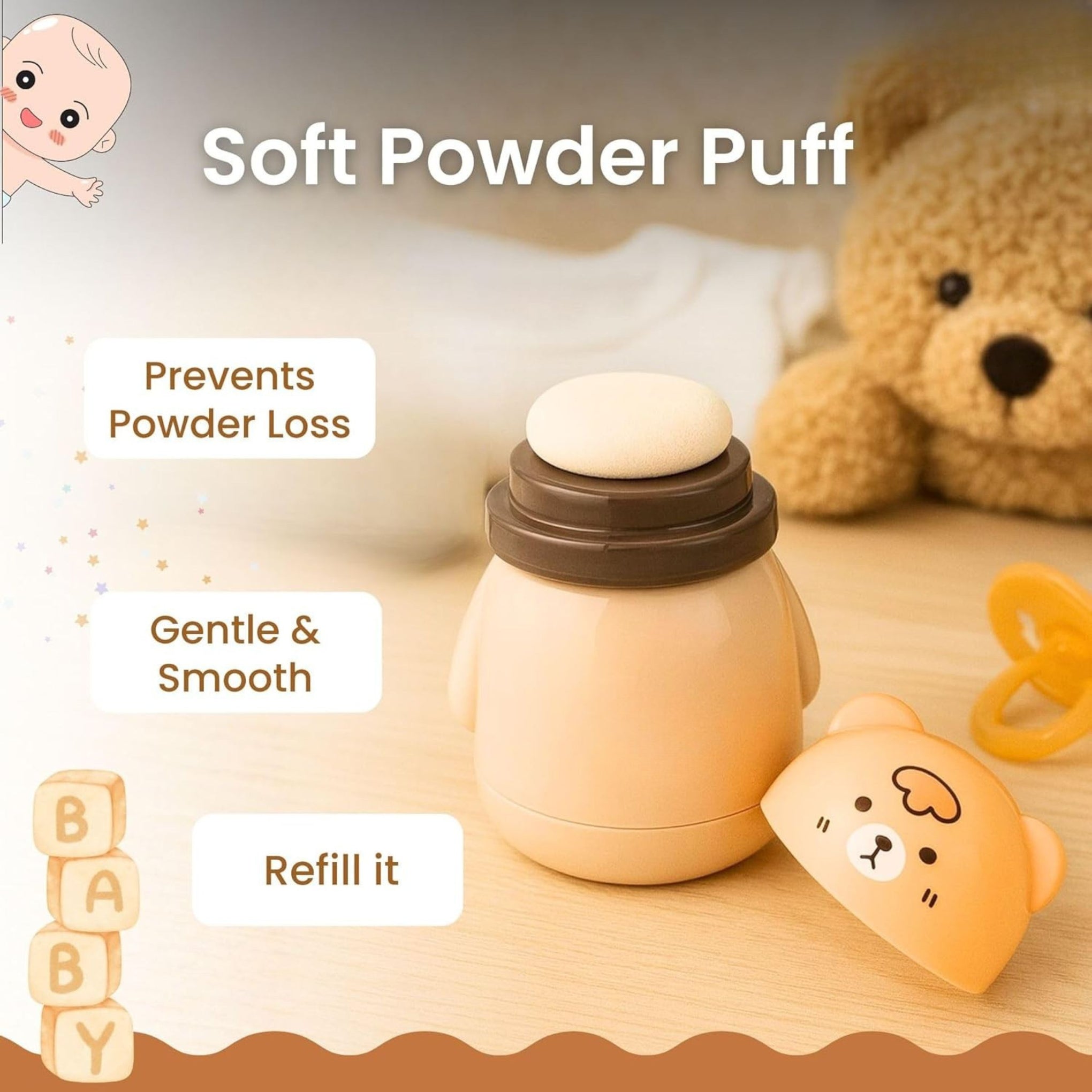 Smile Baby Bear-Shaped Powder Puff | Gentle Baby Powder Dispenser