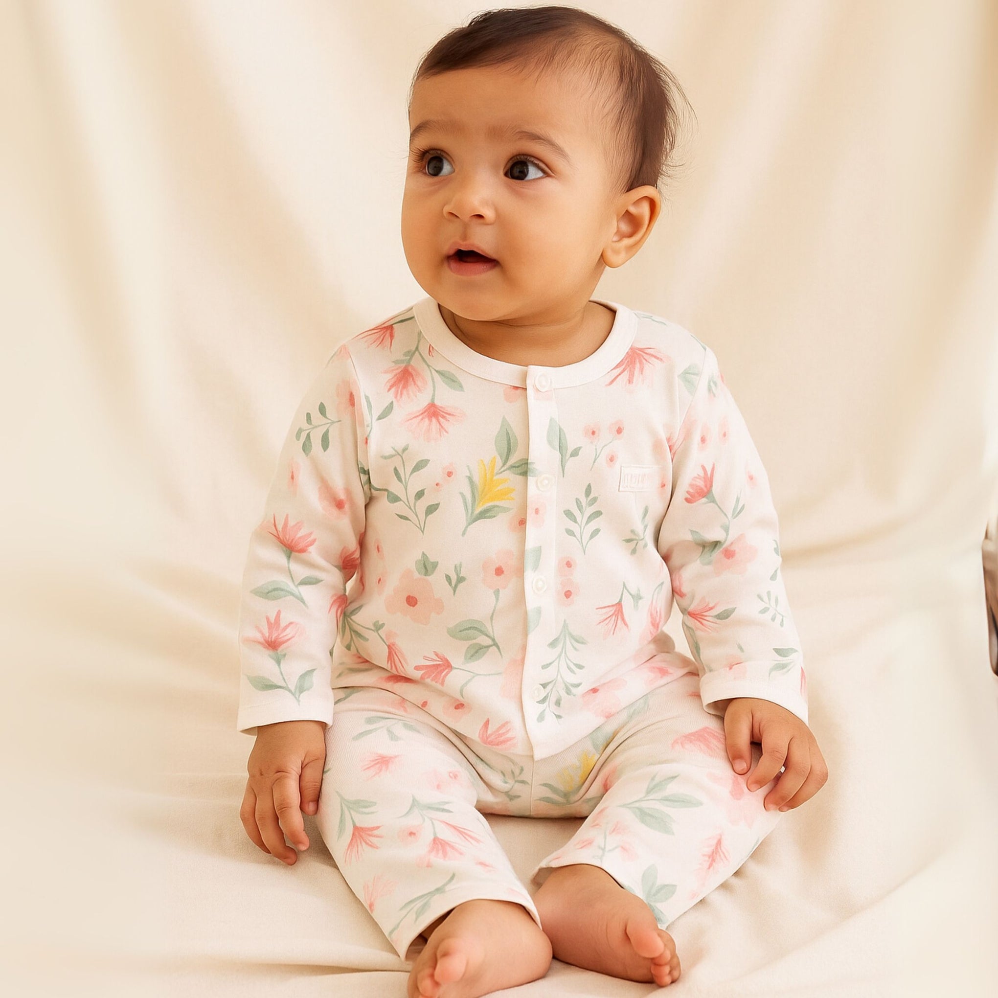 Smile Baby Girls' Floral Cotton Nightwear Set – Full Sleeve Button Top & Pajama | Soft & Breathable | 0–12 Months