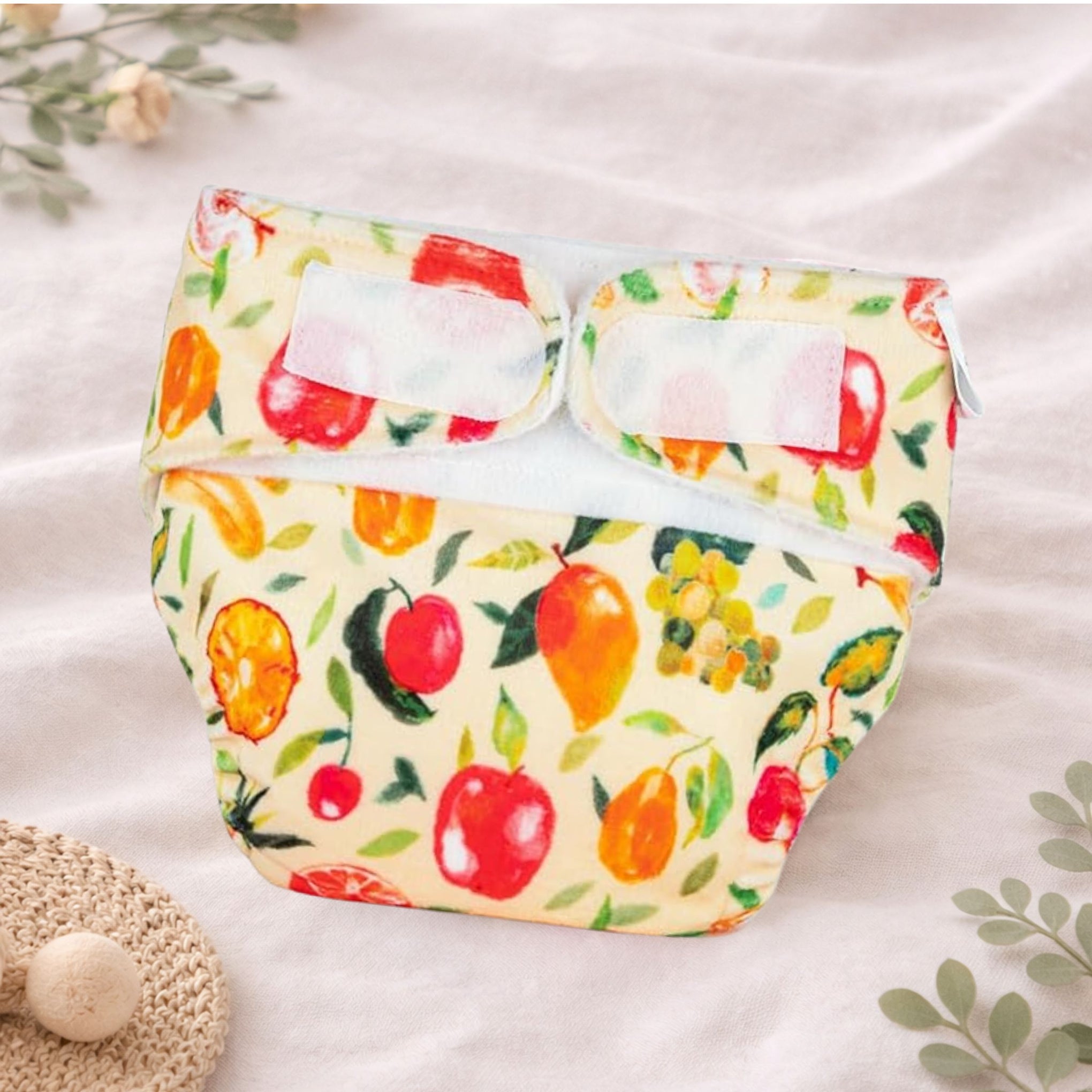 SUPER BOTTOMS Reusable Cloth Diaper – Fruit & Citrus Print Soft Washable Baby Nappy with Absorbent Inserts