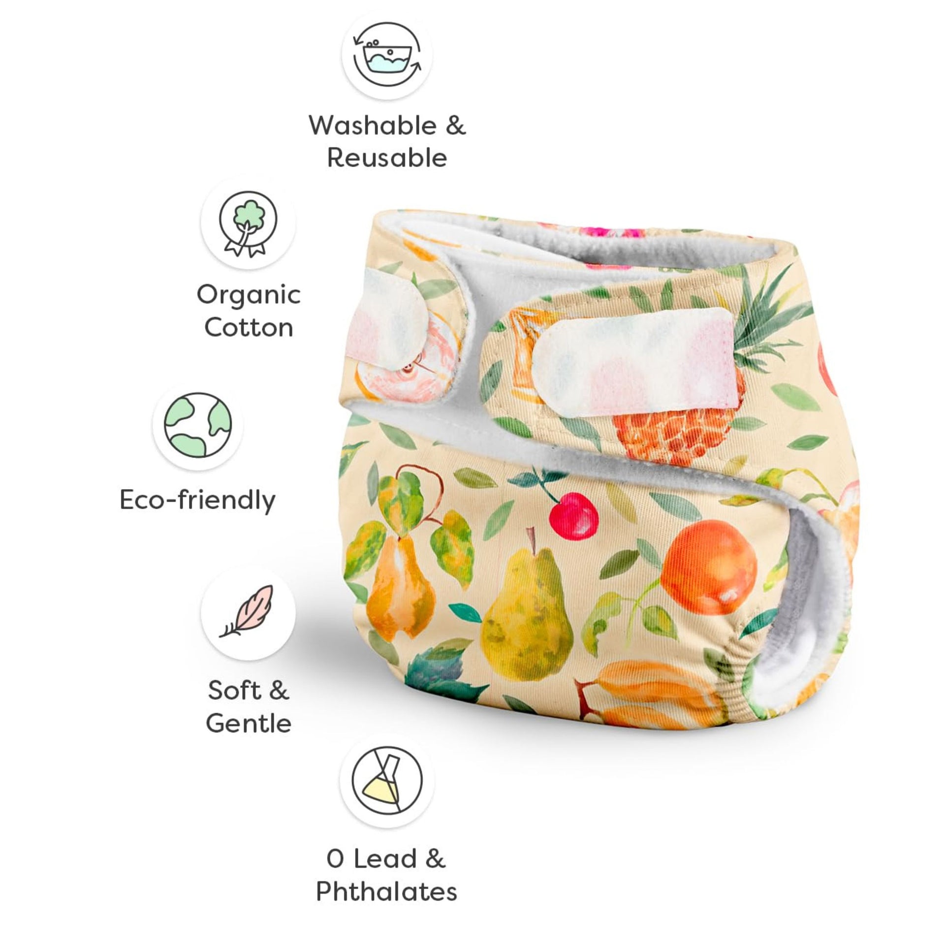 SUPER BOTTOMS Reusable Cloth Diaper – Fruit & Citrus Print Soft Washable Baby Nappy with Absorbent Inserts