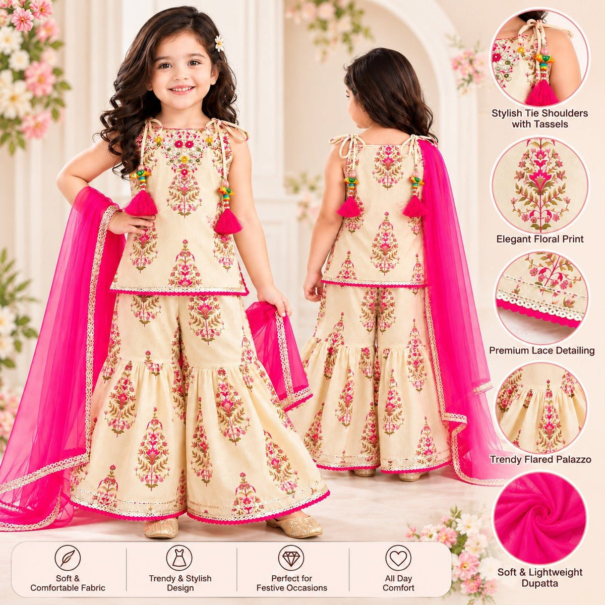 Girls Cream Floral Printed Kurta Palazzo Set with Pink Dupatta - SMILE BABY