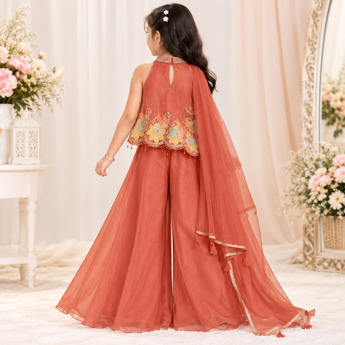 Girls coral ethnic outfit back view with halter neckline floral embroidery palazzo pants and long dupatta